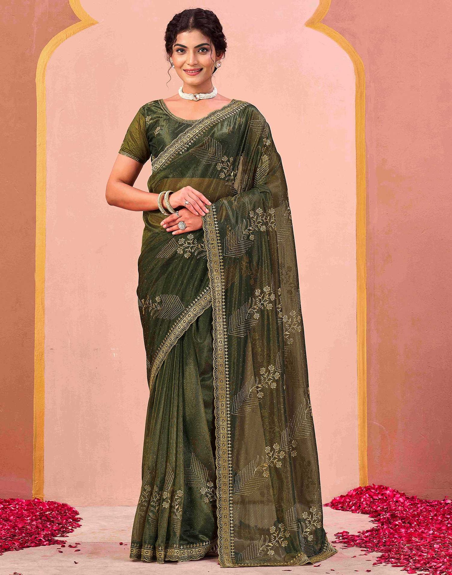 Mehndi Green Shimmer Net Embroidery Swarovski Saree