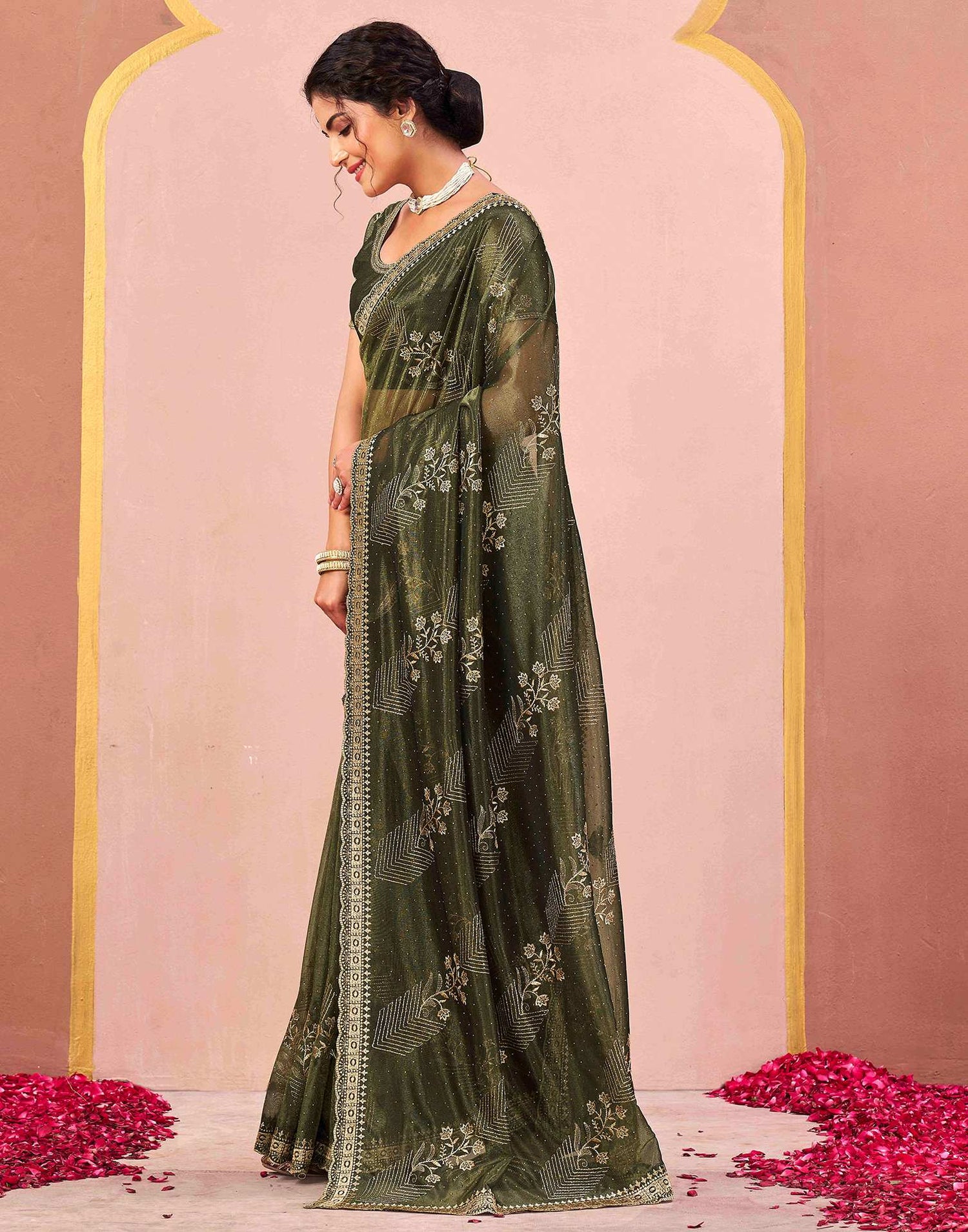 Mehndi Green Shimmer Net Embroidery Swarovski Saree