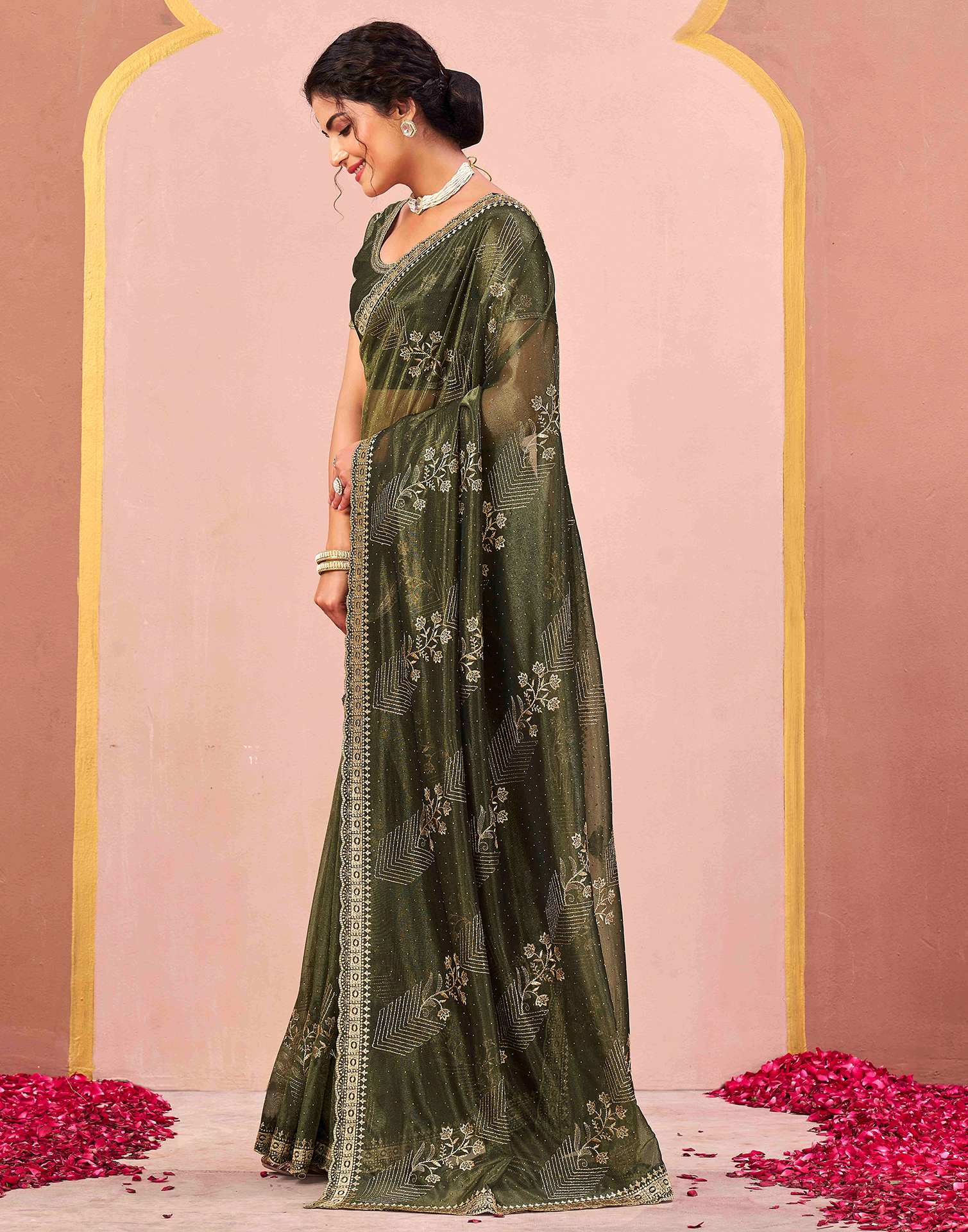 Mehndi Green Shimmer Net Embroidery Swarovski Saree