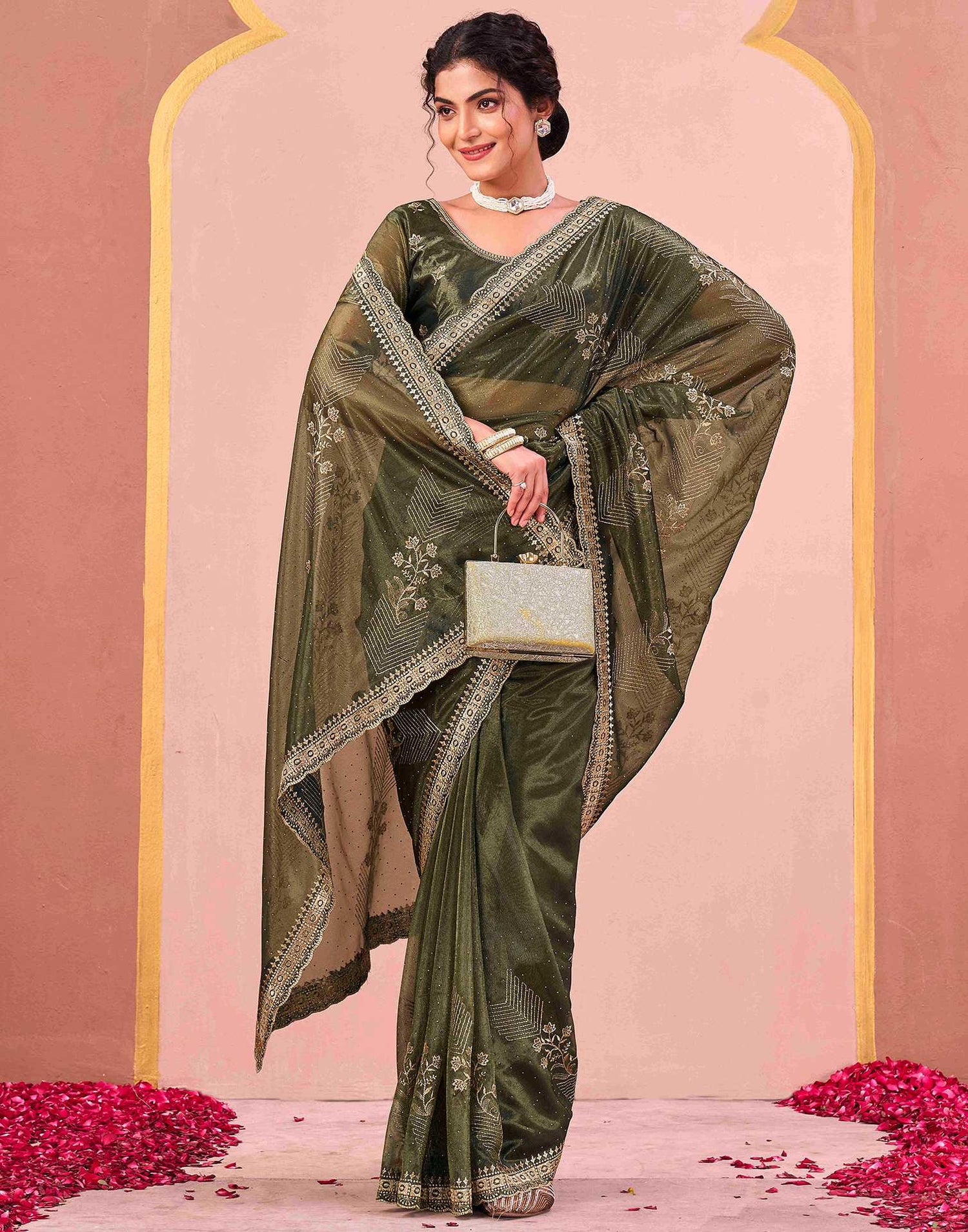 Mehndi Green Shimmer Net Embroidery Swarovski Saree