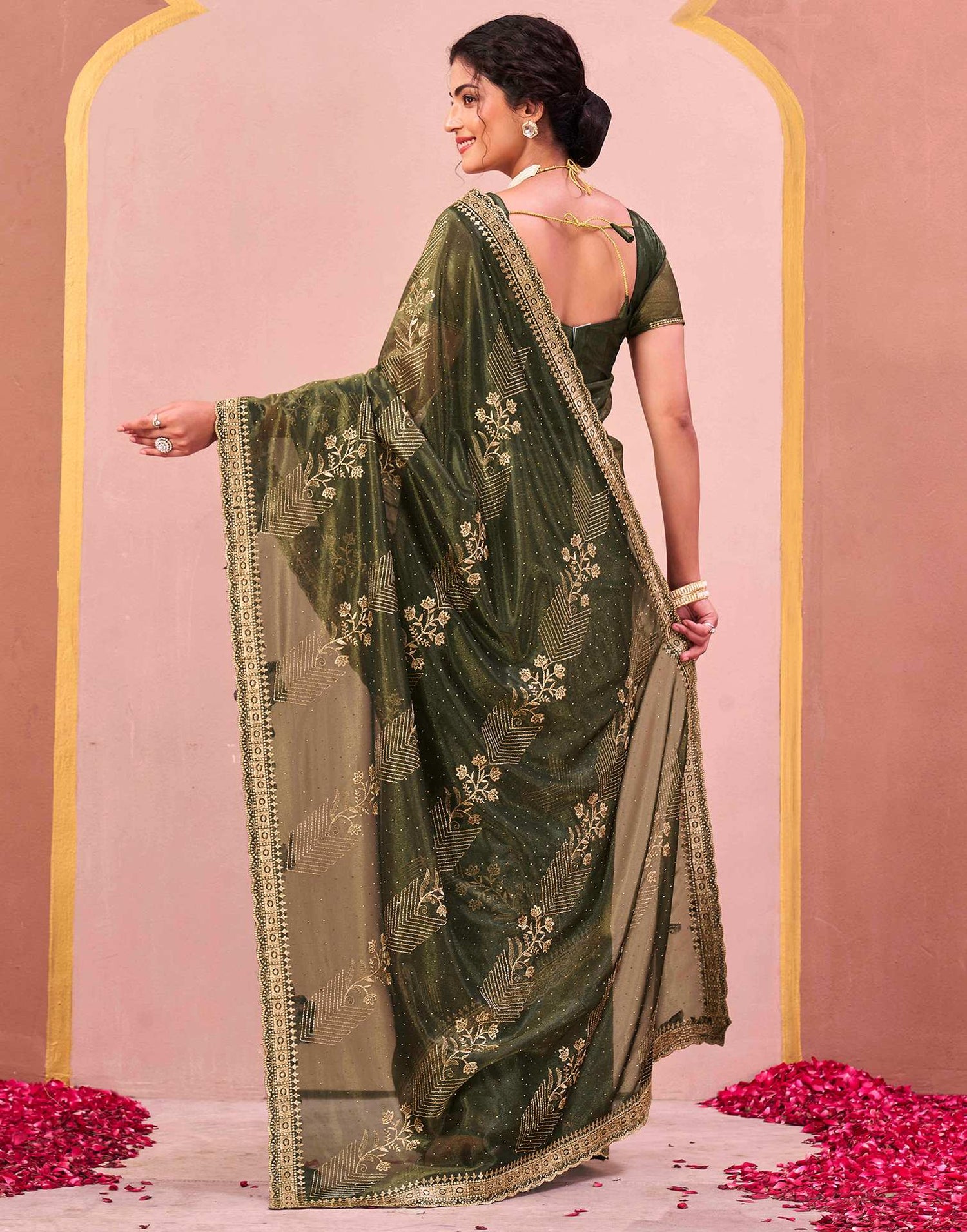 Mehndi Green Shimmer Net Embroidery Swarovski Saree
