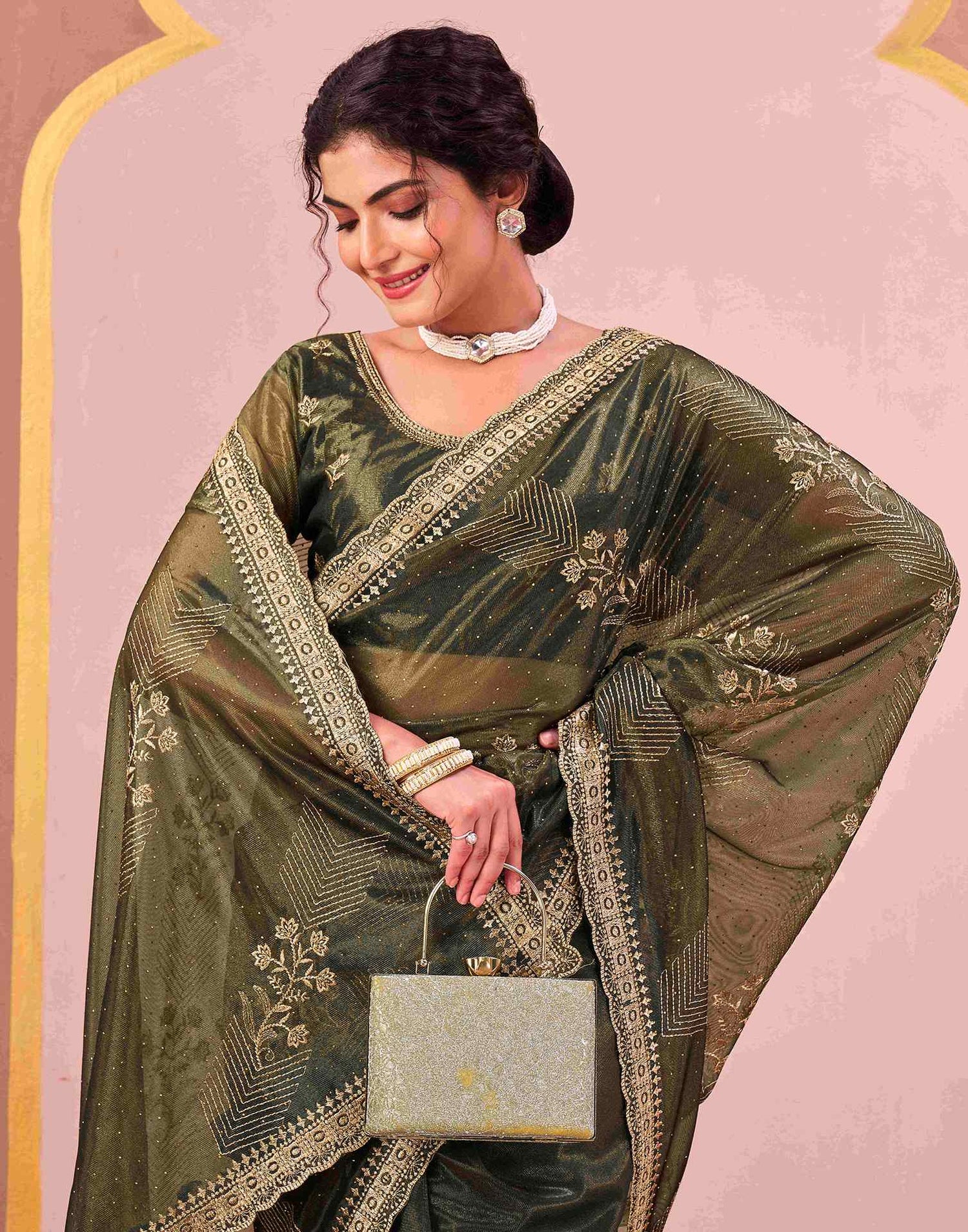 Mehndi Green Shimmer Net Embroidery Swarovski Saree