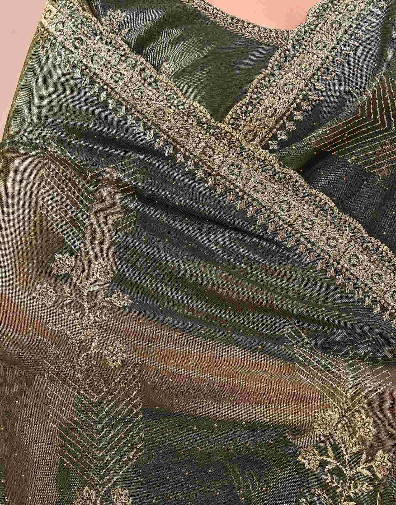 Mehndi Green Shimmer Net Embroidery Swarovski Saree
