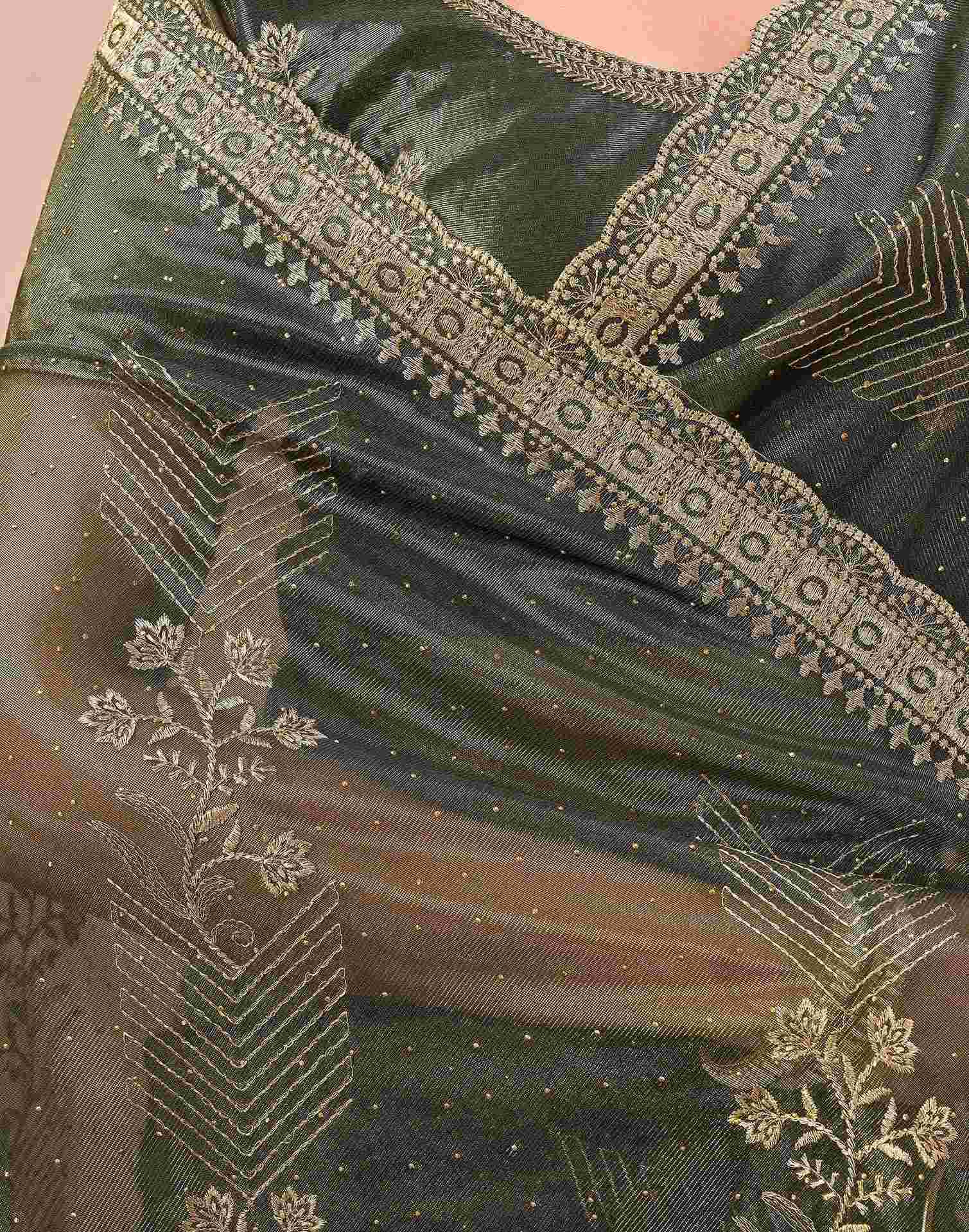 Mehndi Green Shimmer Net Embroidery Swarovski Saree