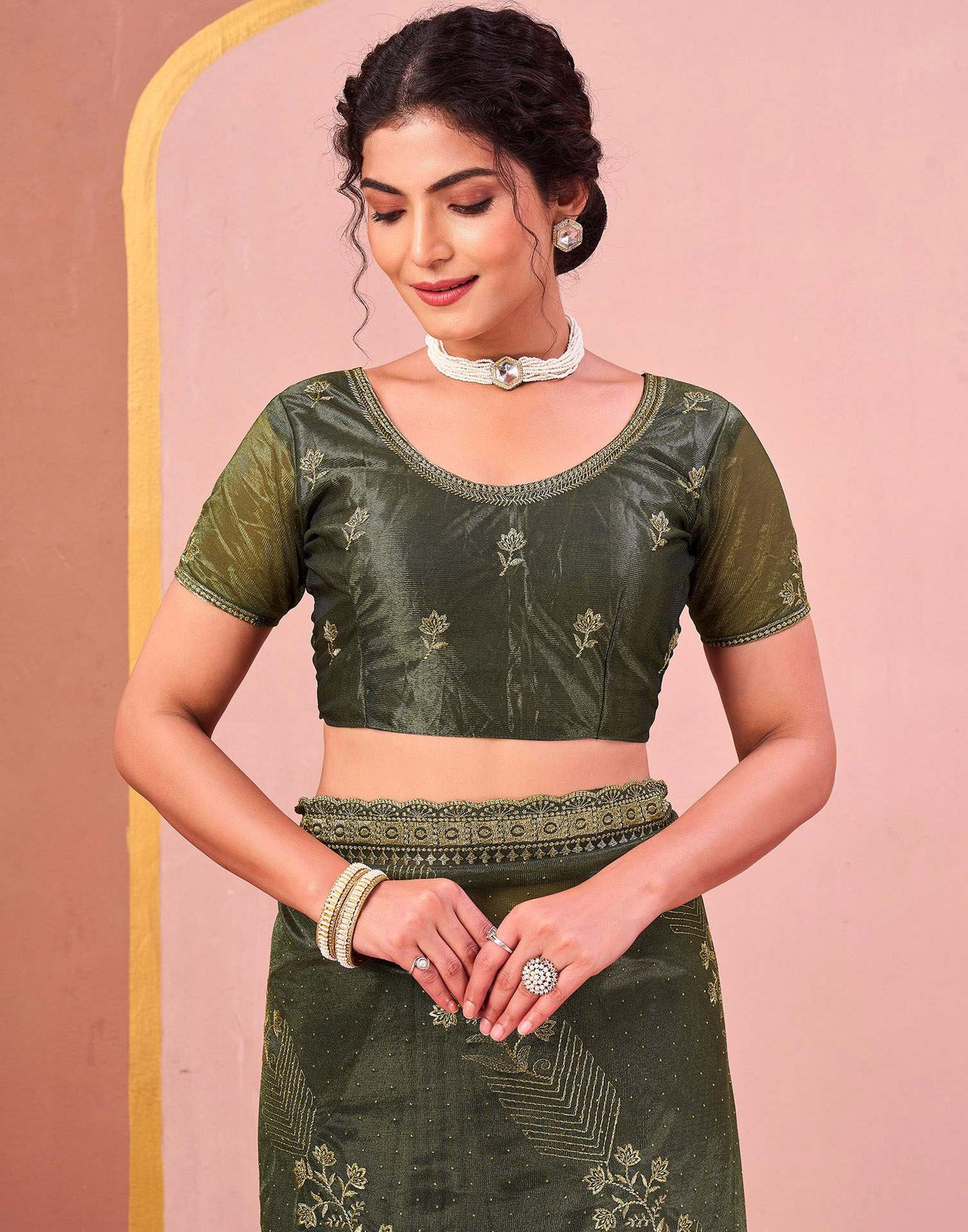 Mehndi Green Shimmer Net Embroidery Swarovski Saree