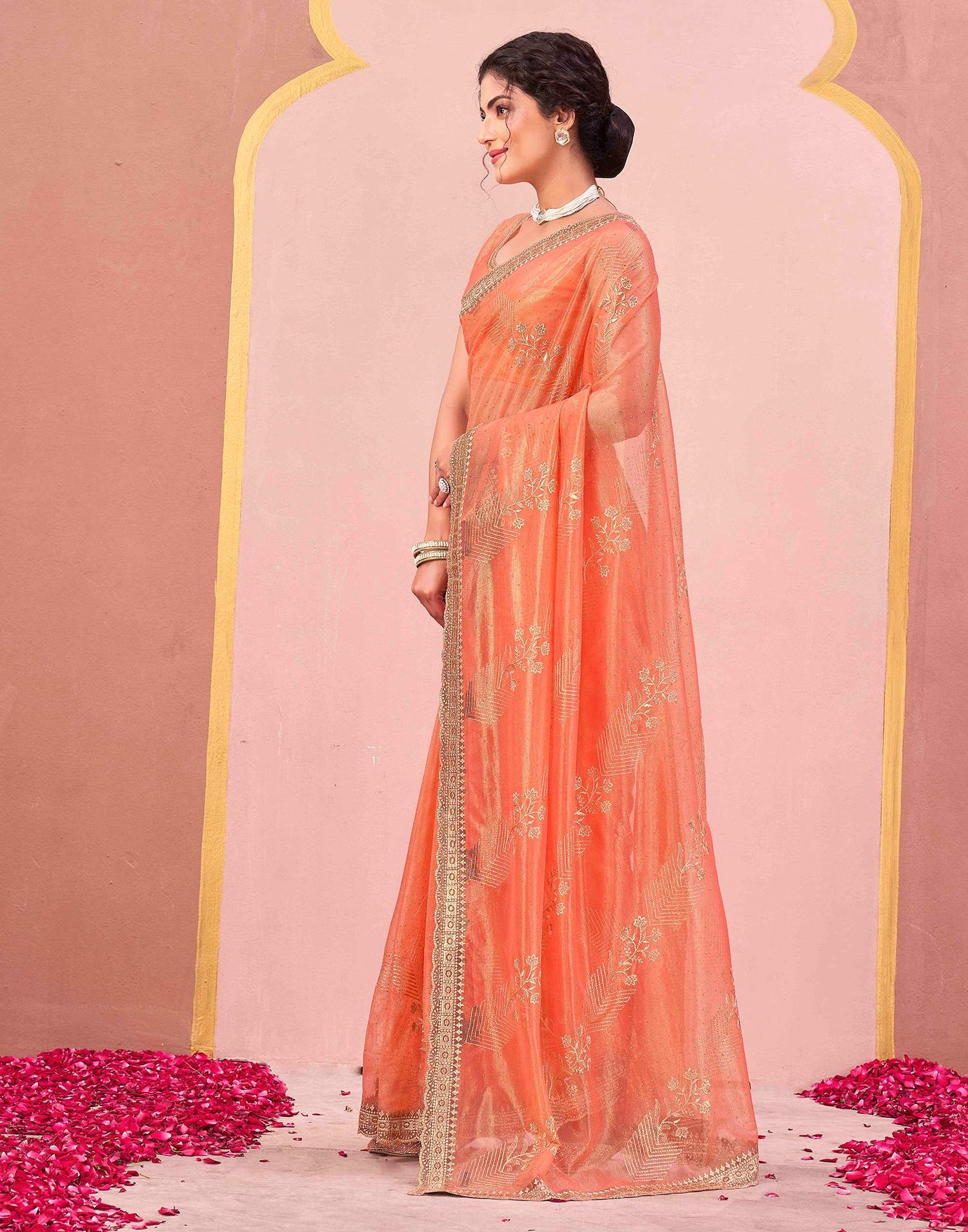 Orange Shimmer Net Embroidery Swarovski Saree