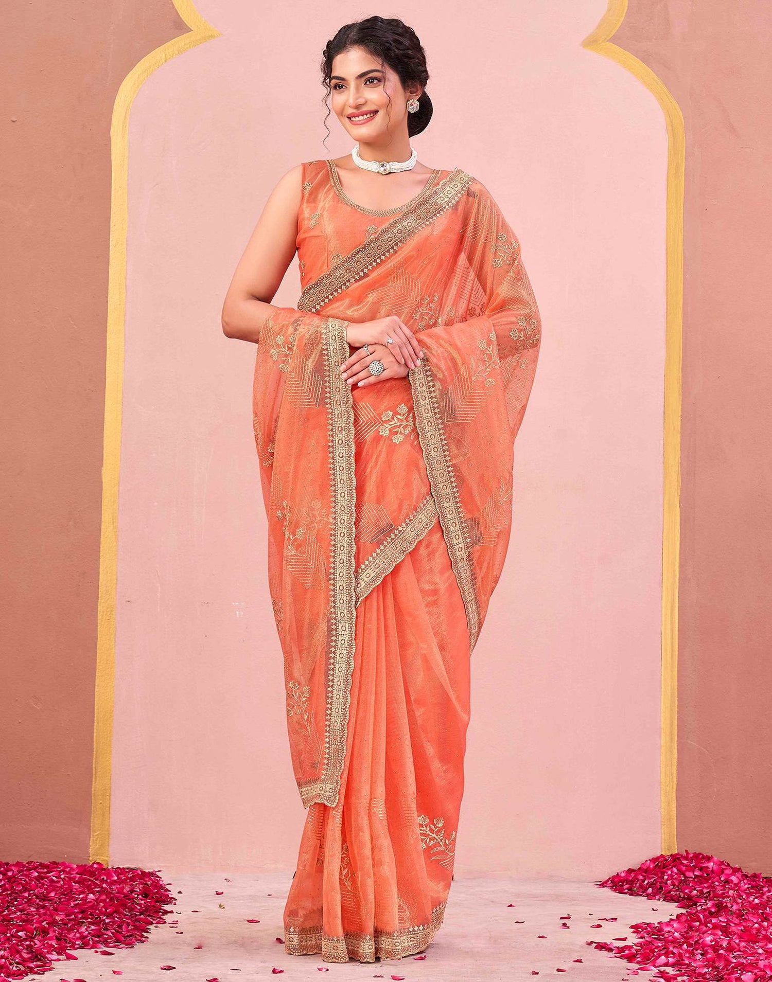 Orange Shimmer Net Embroidery Swarovski Saree