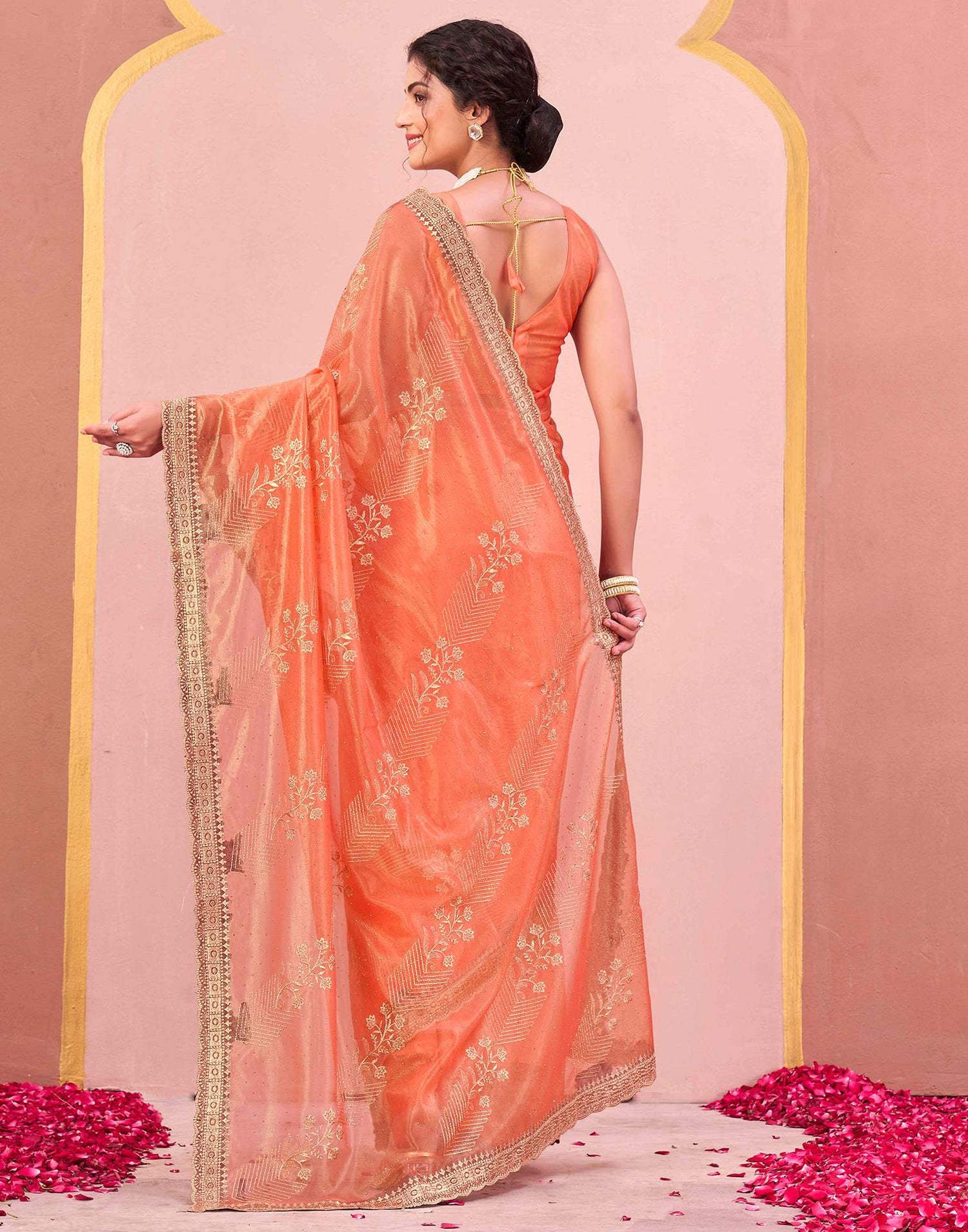 Orange Shimmer Net Embroidery Swarovski Saree