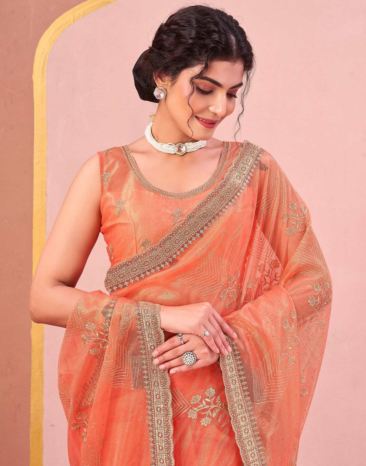 Orange Shimmer Net Embroidery Swarovski Saree