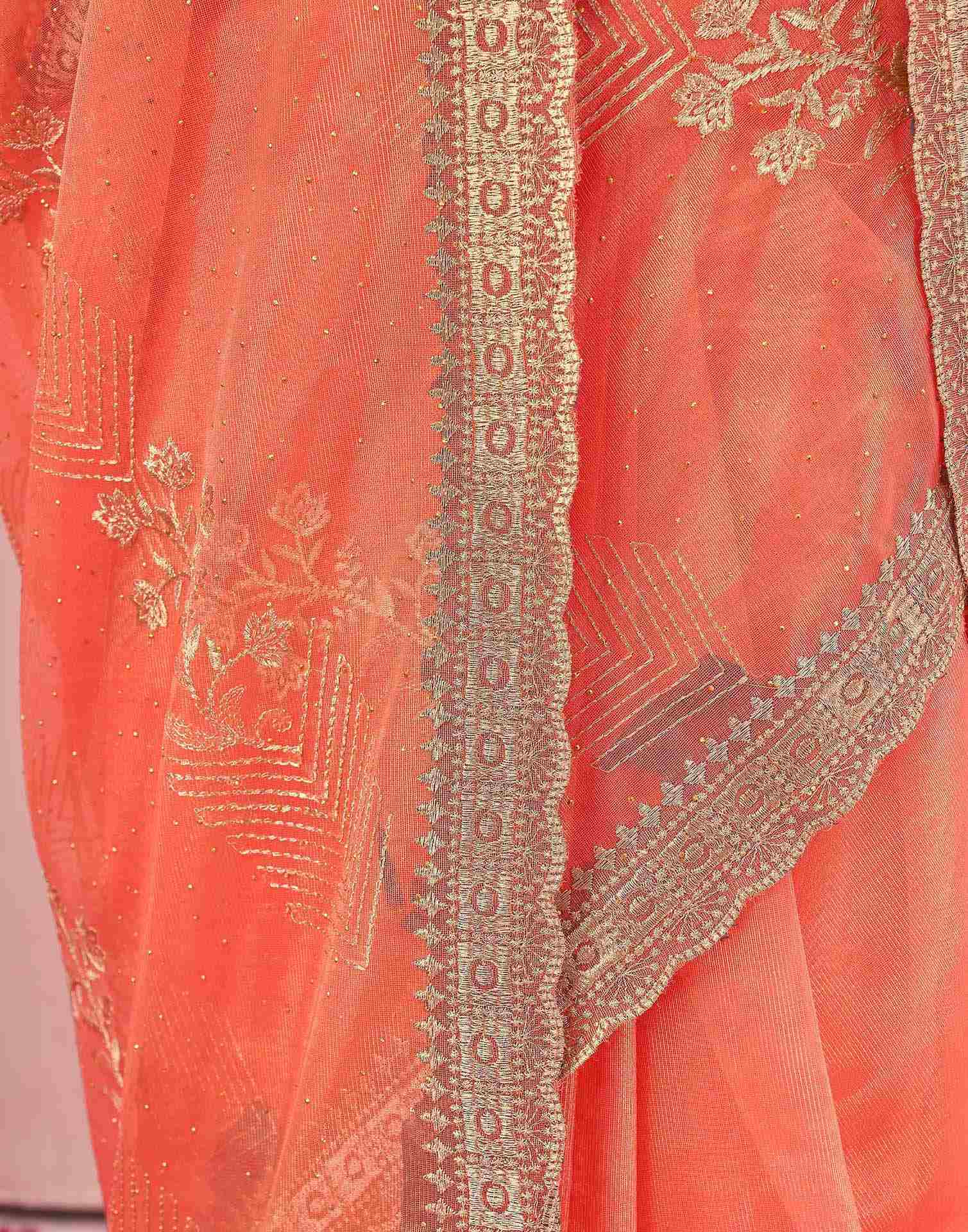 Orange Shimmer Net Embroidery Swarovski Saree