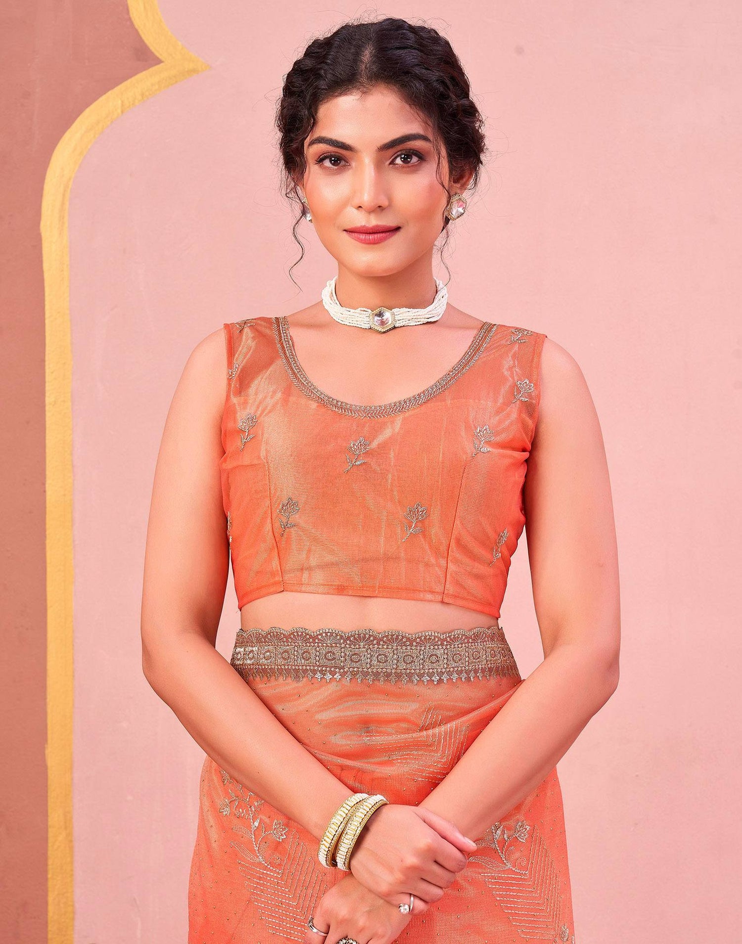 Orange Shimmer Net Embroidery Swarovski Saree