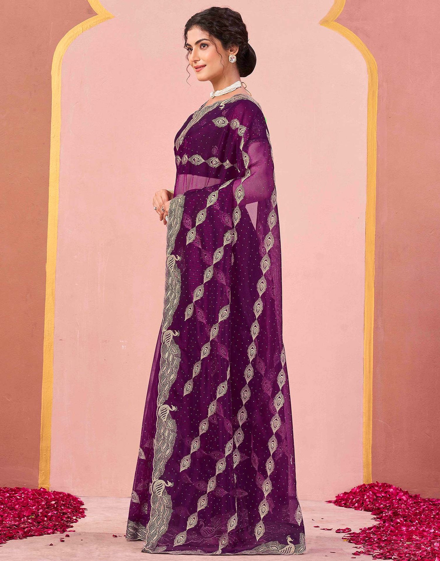 Dark Purple Shimmer Net Embroidery Swarovski Saree