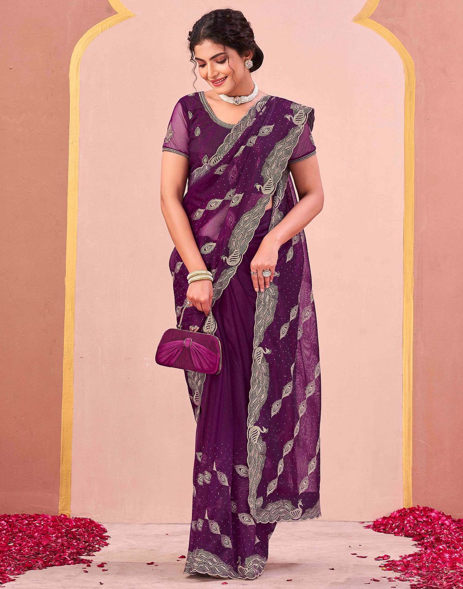 Dark Purple Shimmer Net Embroidery Swarovski Saree