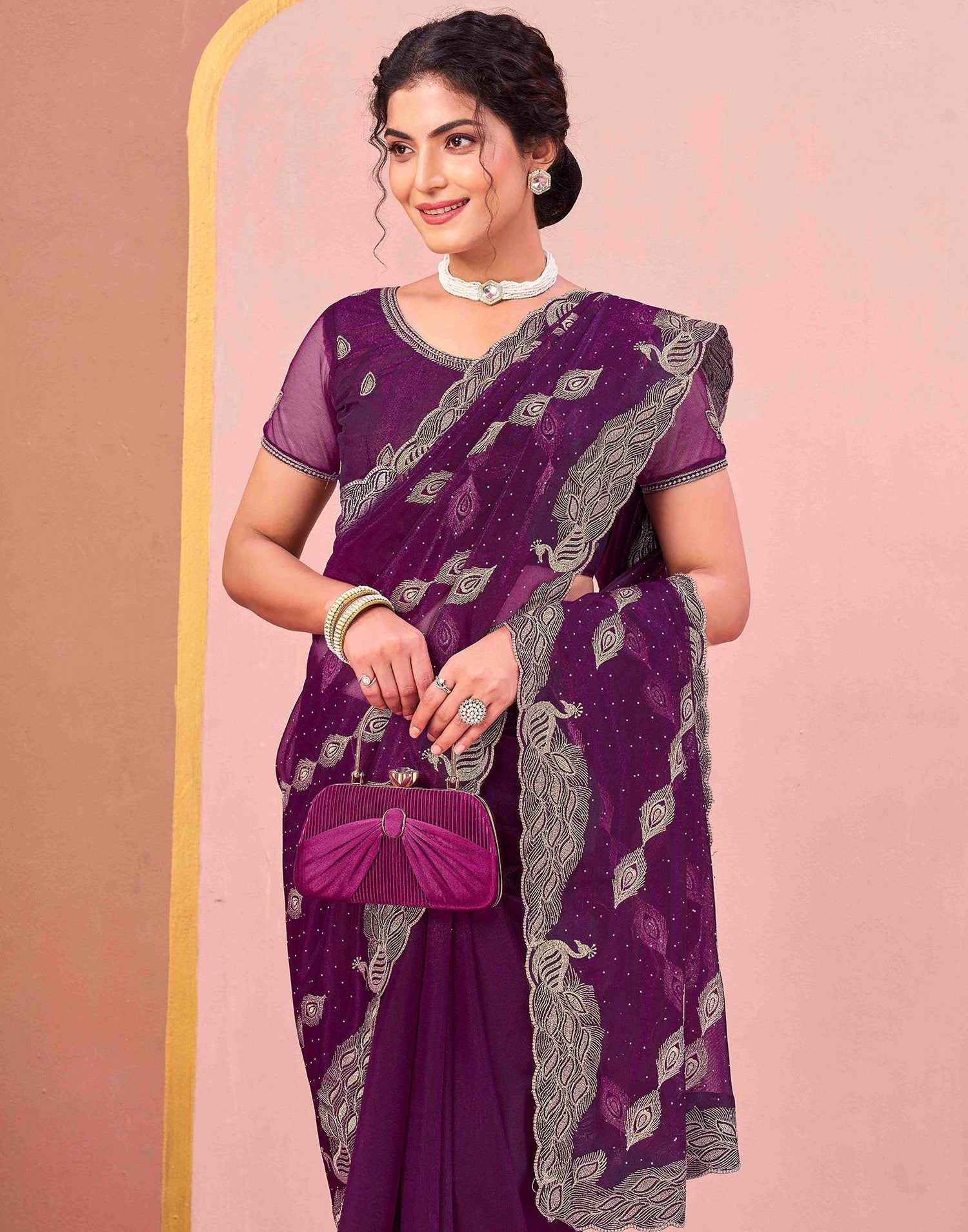 Dark Purple Shimmer Net Embroidery Swarovski Saree
