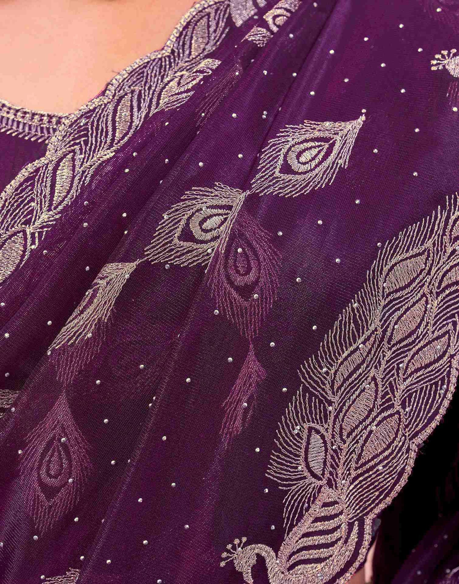 Dark Purple Shimmer Net Embroidery Swarovski Saree