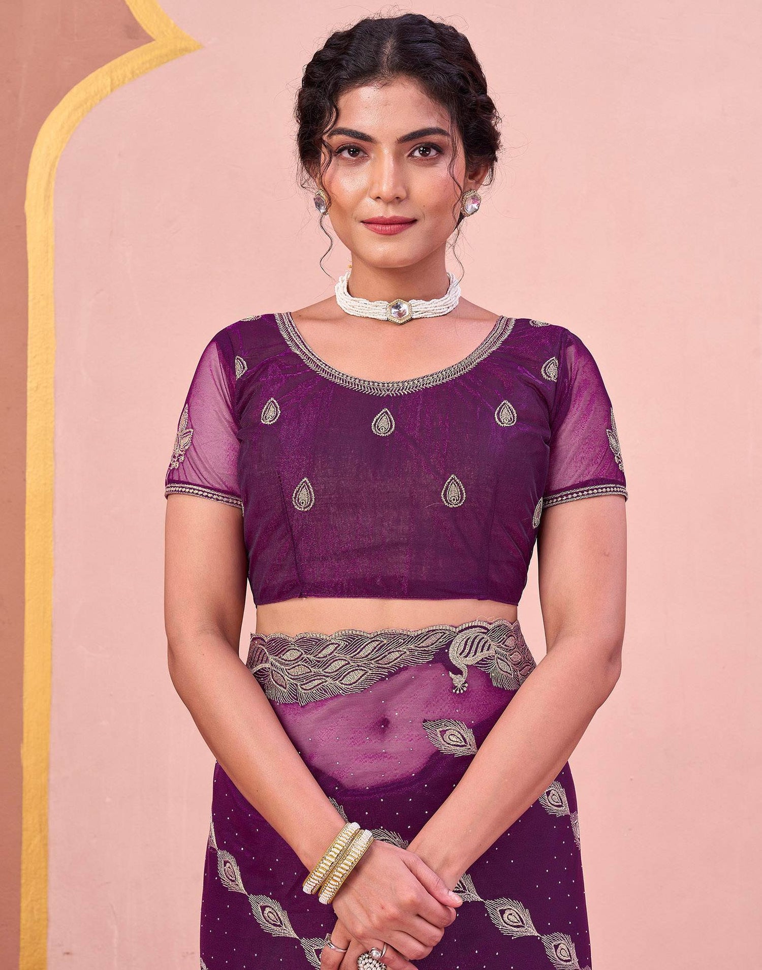 Dark Purple Shimmer Net Embroidery Swarovski Saree