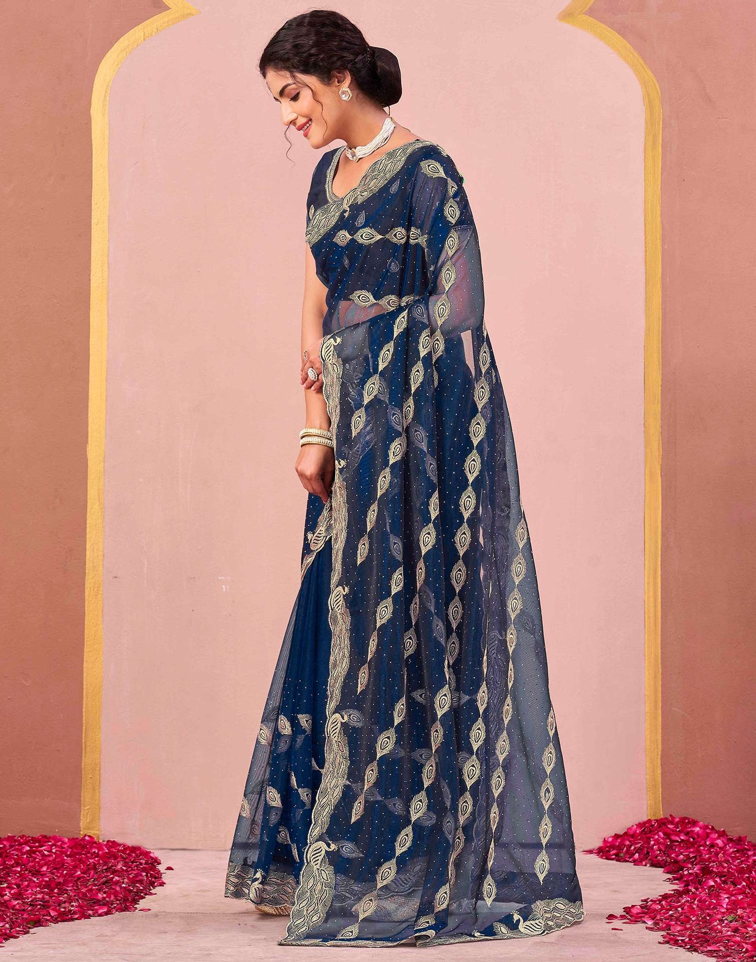 Navy Blue Shimmer Net Embroidery Swarovski Saree