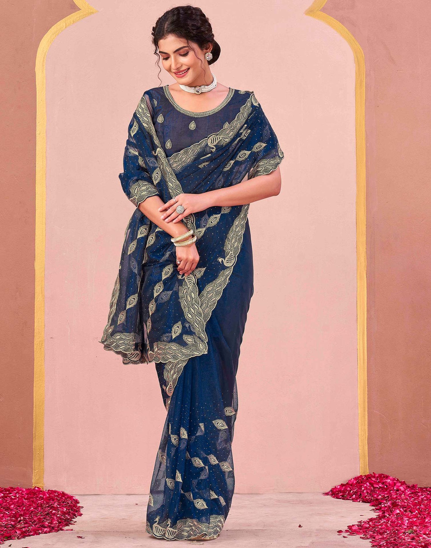 Navy Blue Shimmer Net Embroidery Swarovski Saree