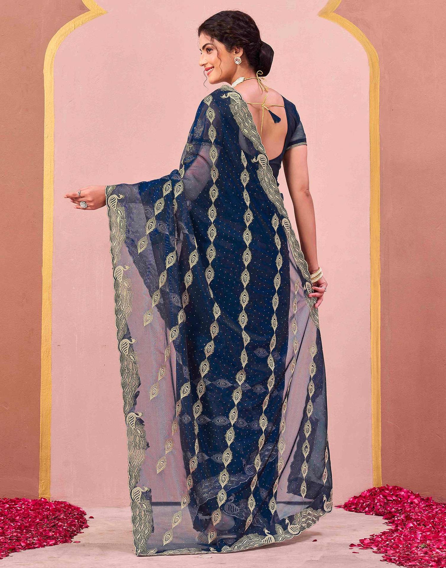 Navy Blue Shimmer Net Embroidery Swarovski Saree