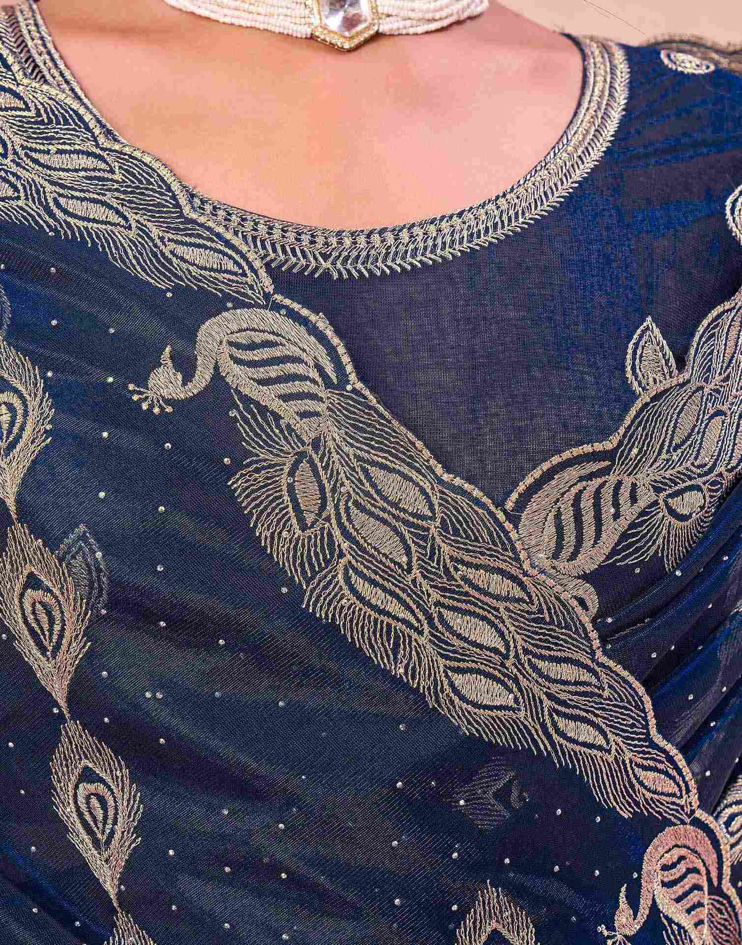 Navy Blue Shimmer Net Embroidery Swarovski Saree