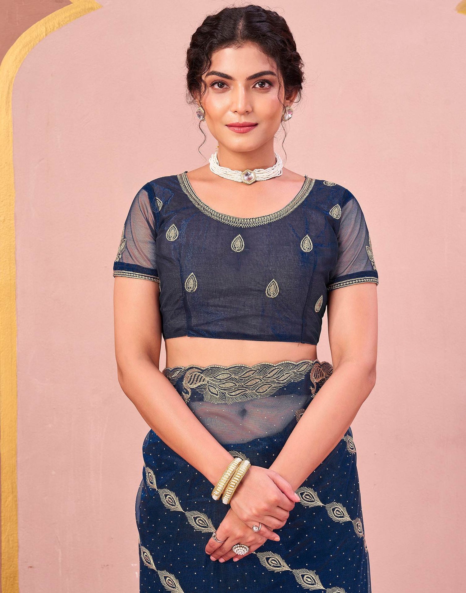 Navy Blue Shimmer Net Embroidery Swarovski Saree