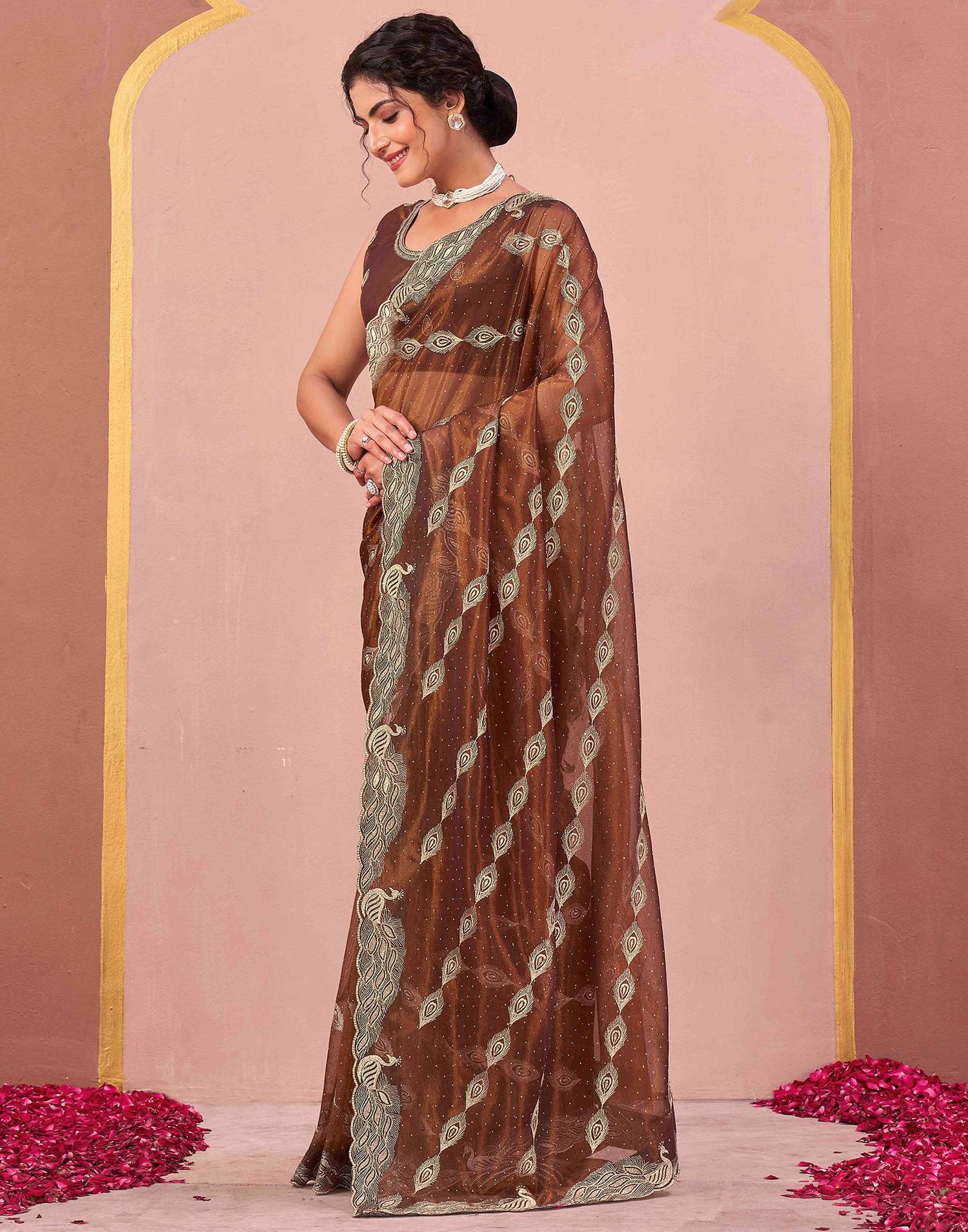 Copper Brown Shimmer Net Embroidery Swarovski Saree