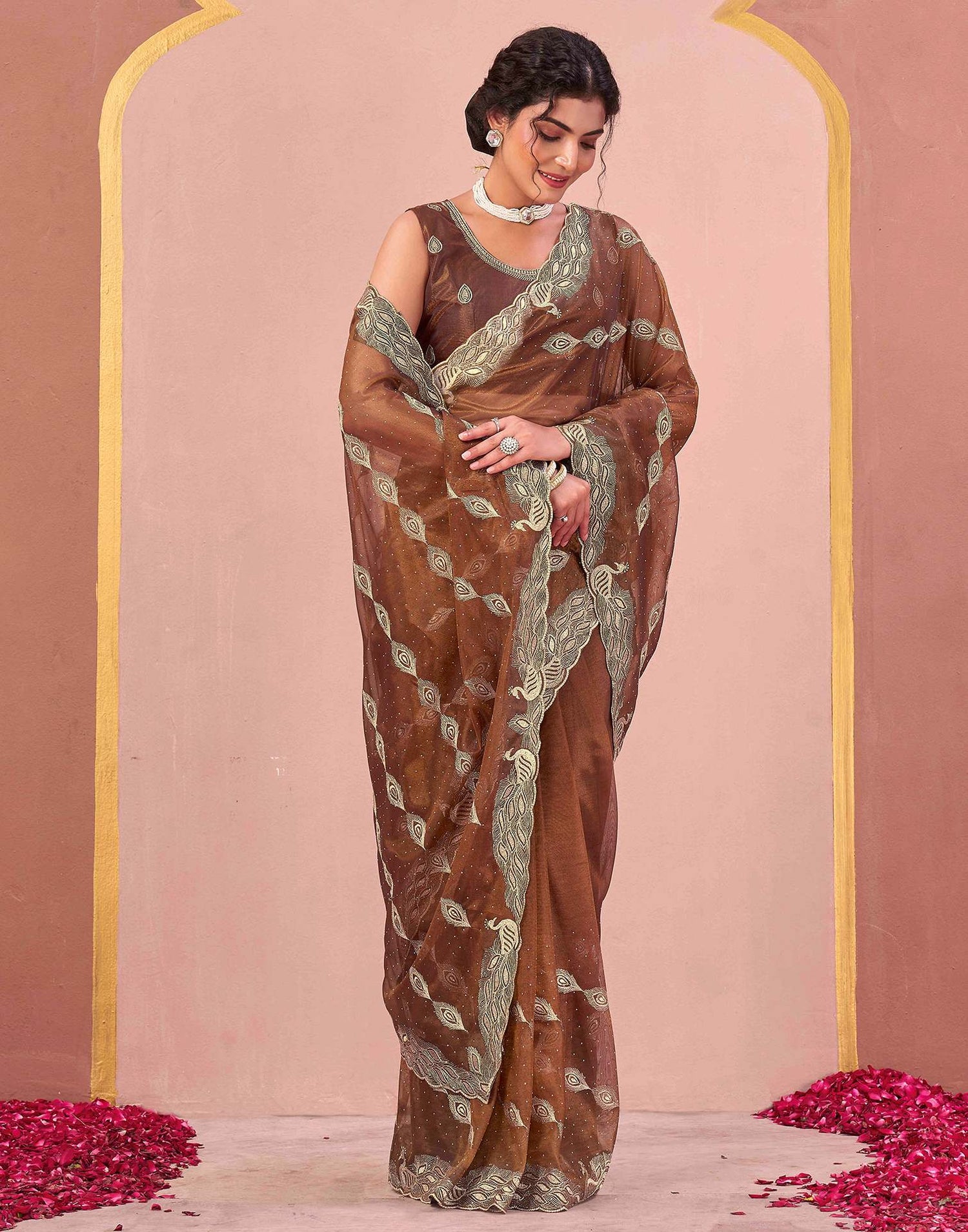 Copper Brown Shimmer Net Embroidery Swarovski Saree