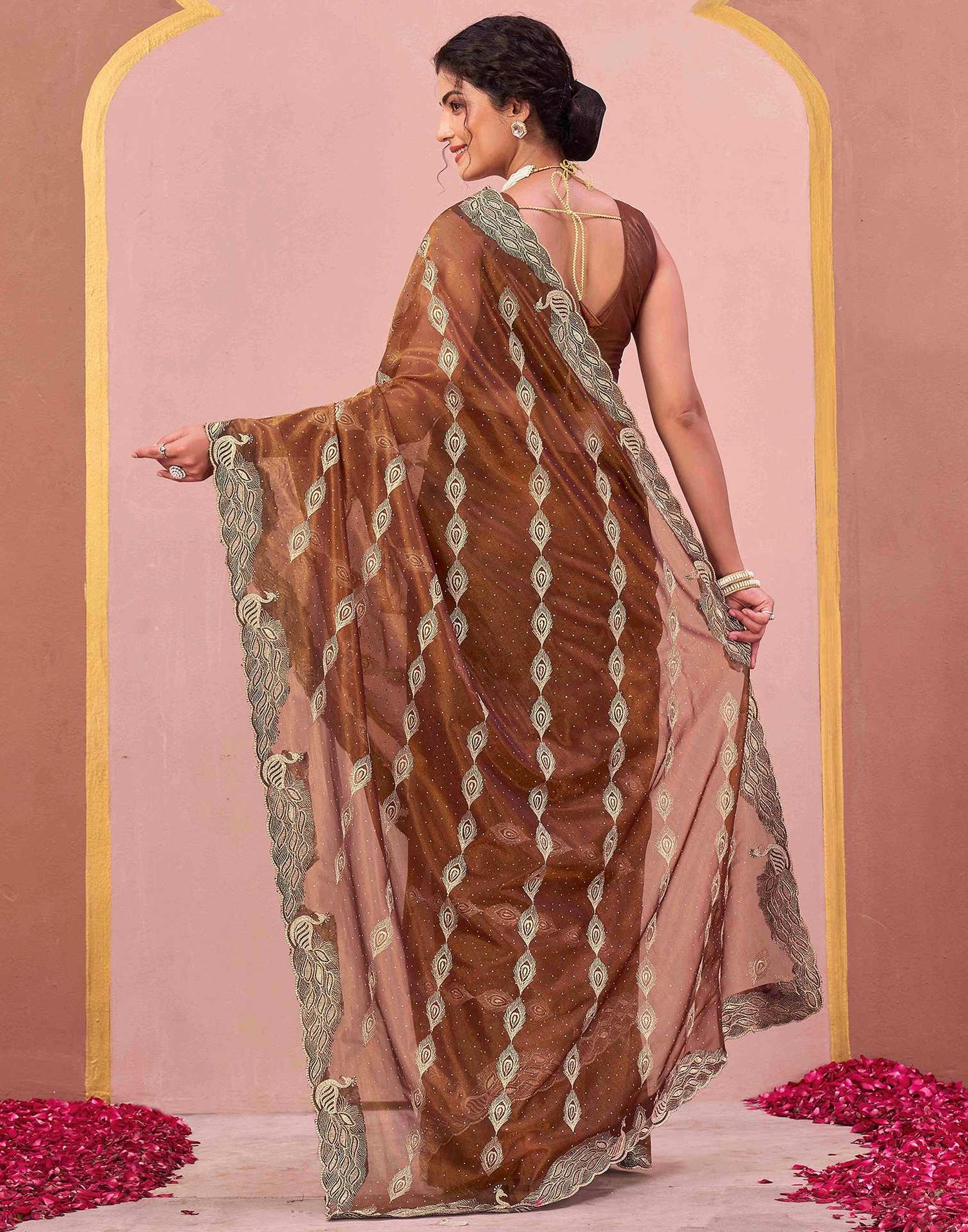 Copper Brown Shimmer Net Embroidery Swarovski Saree