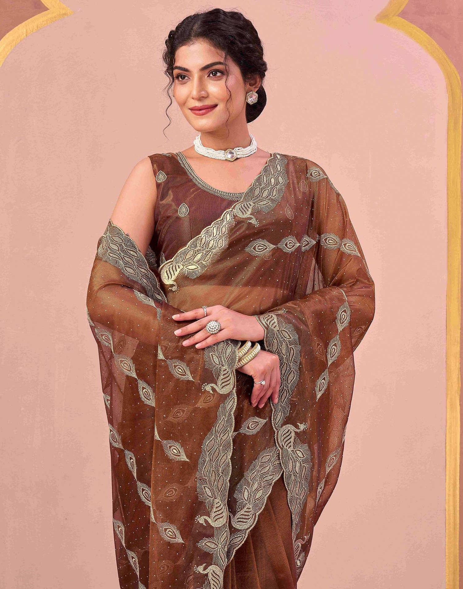 Copper Brown Shimmer Net Embroidery Swarovski Saree
