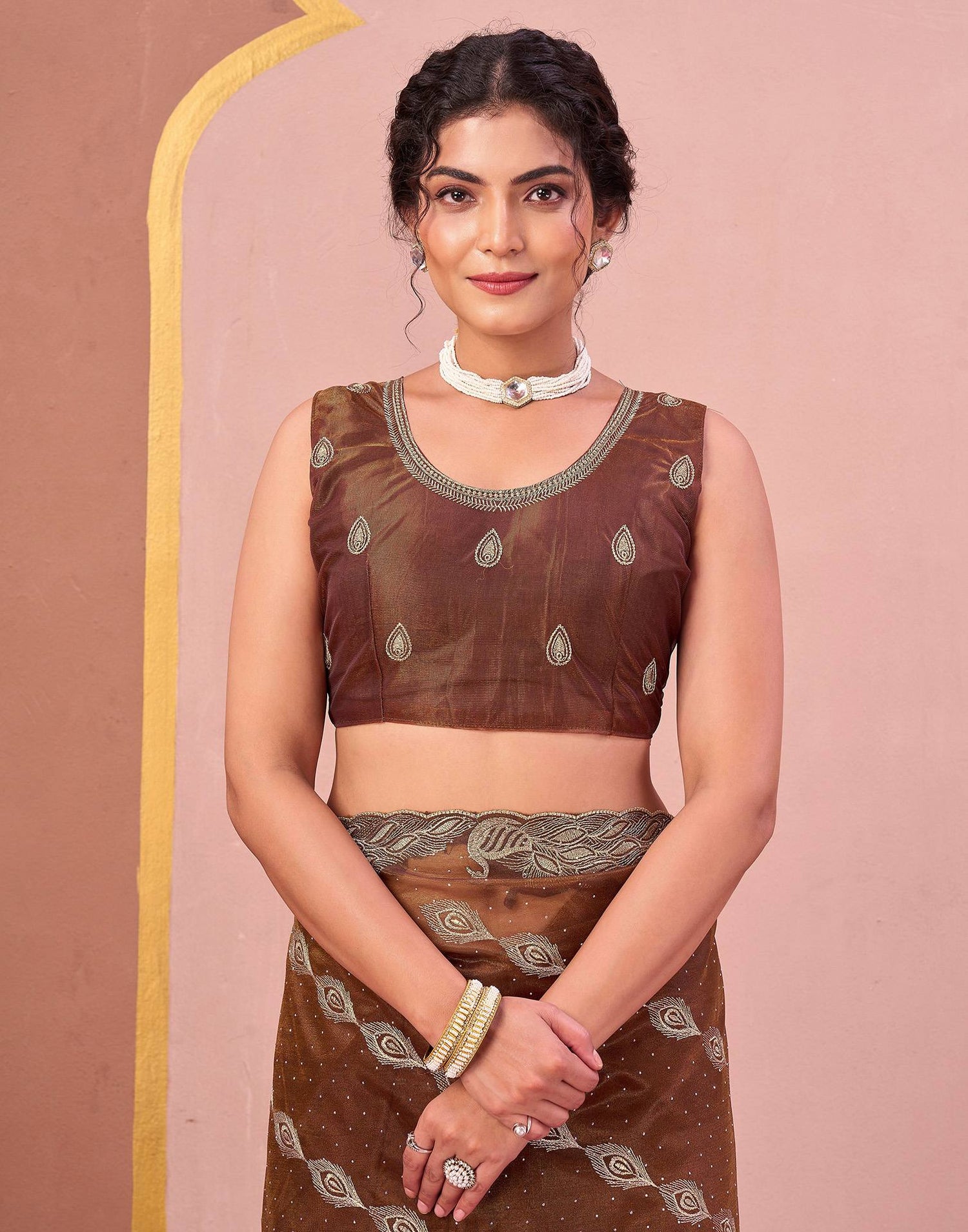 Copper Brown Shimmer Net Embroidery Swarovski Saree