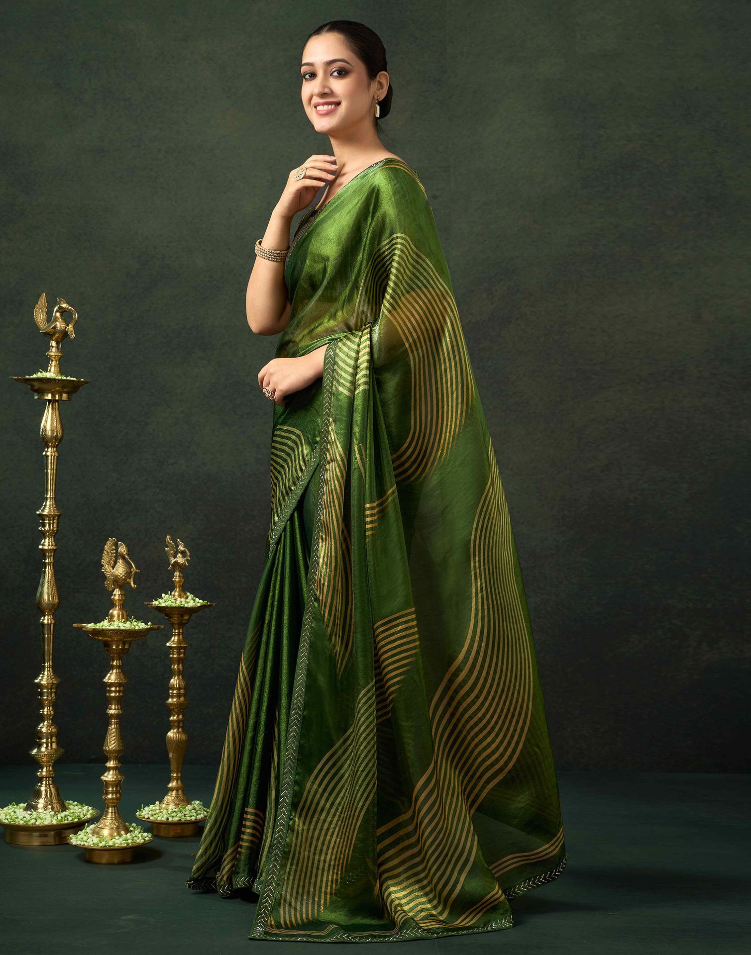 Green Organza Printed Swarovski Saree