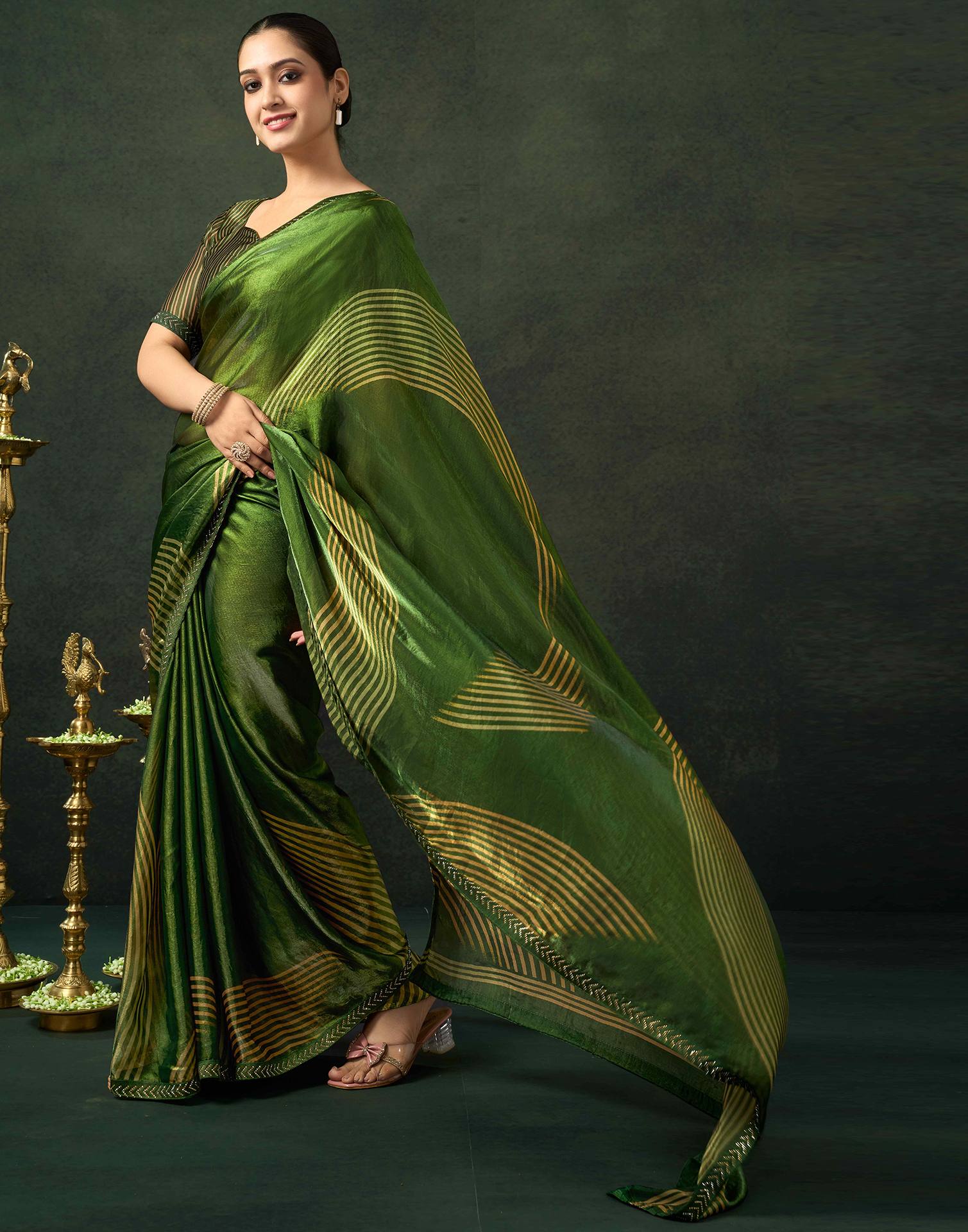 Green Organza Printed Swarovski Saree
