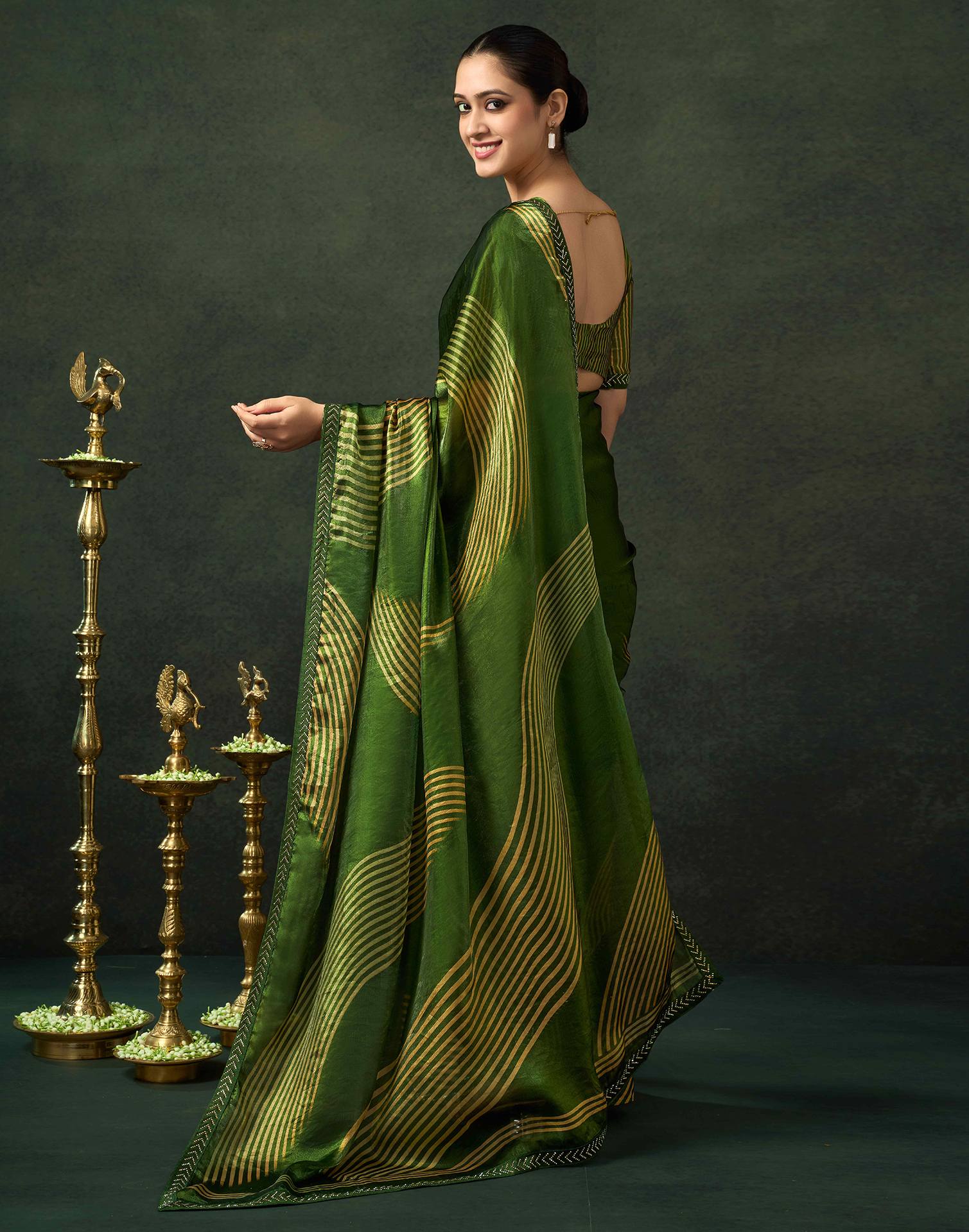Green Organza Printed Swarovski Saree