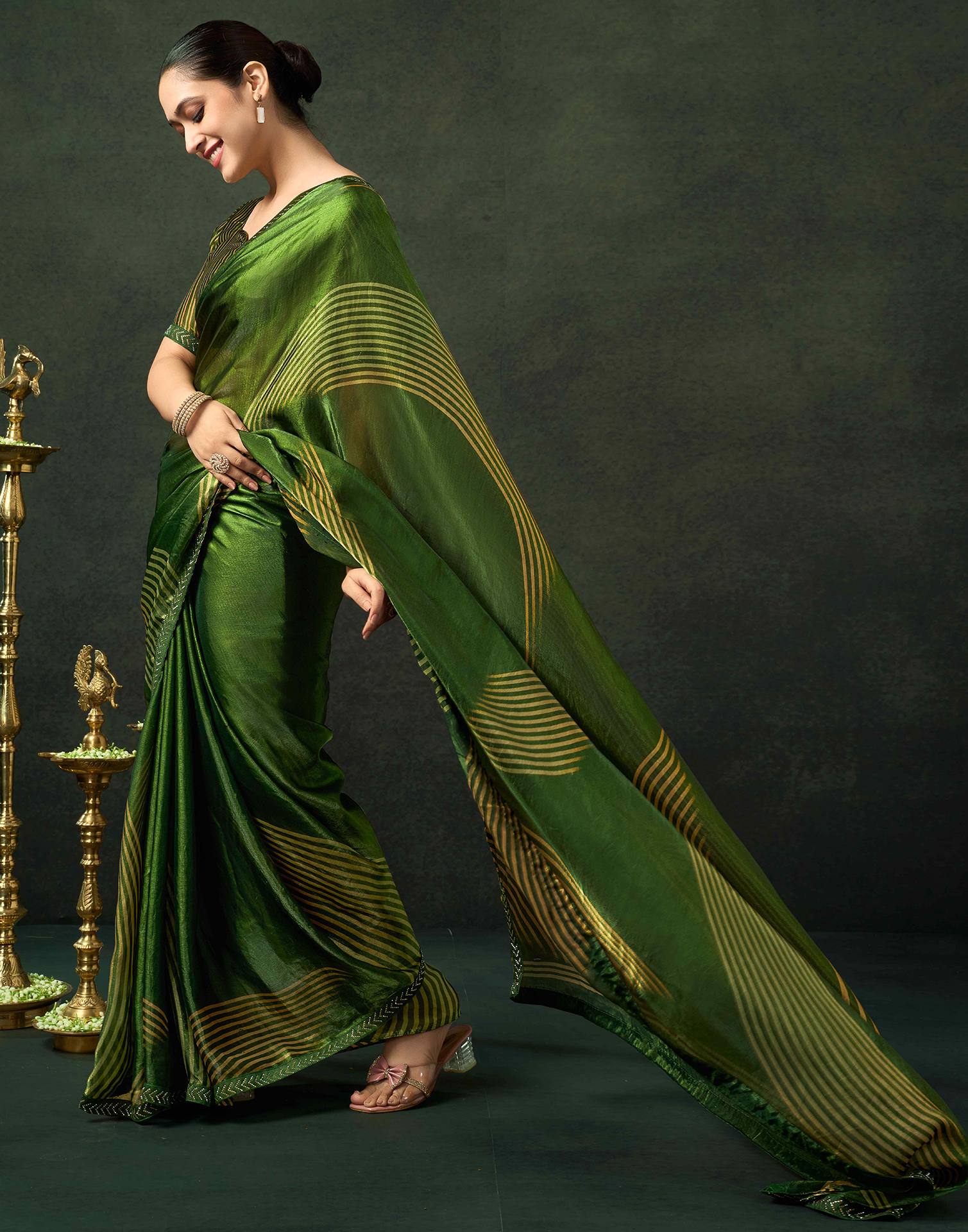 Green Organza Printed Swarovski Saree