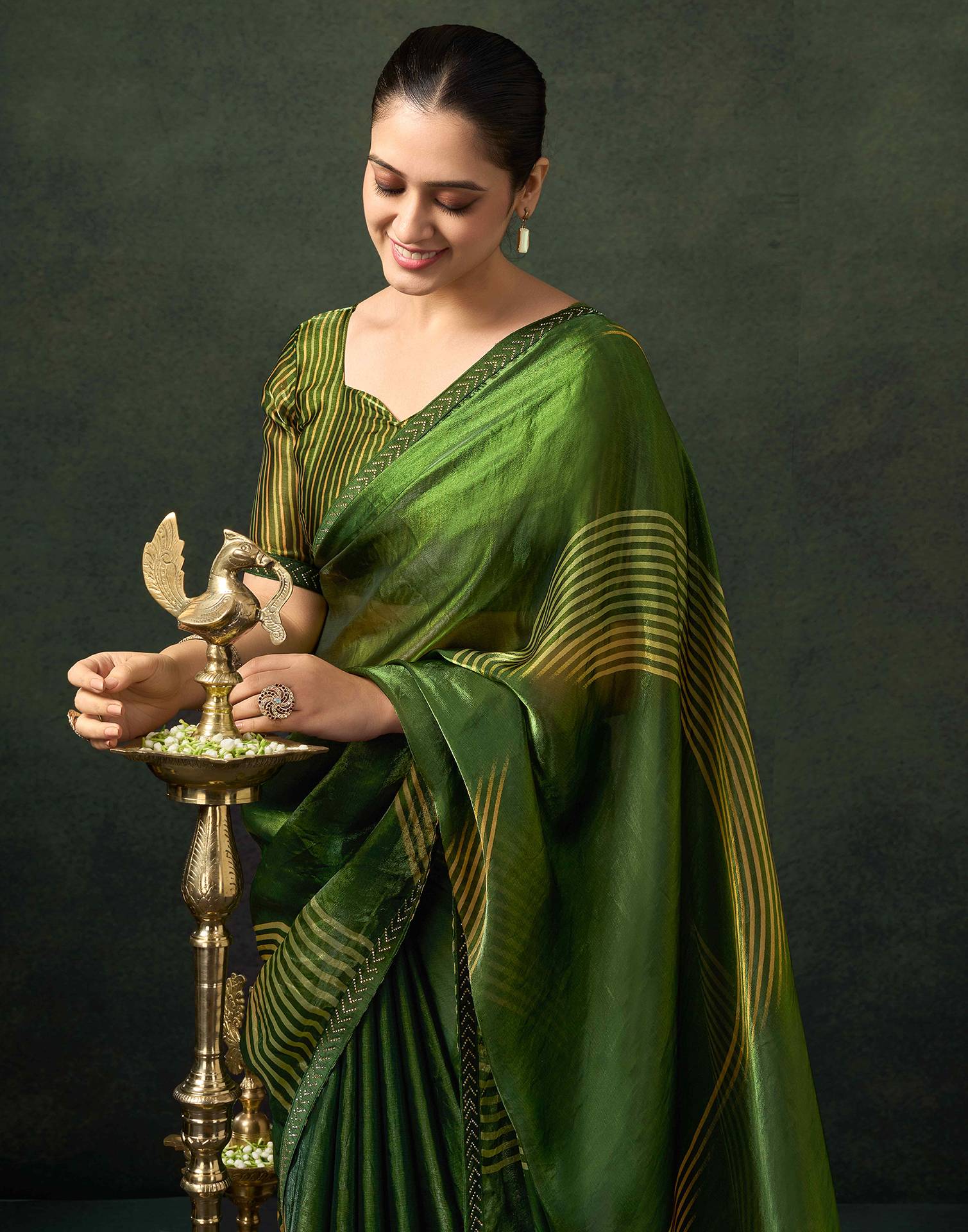 Green Organza Printed Swarovski Saree