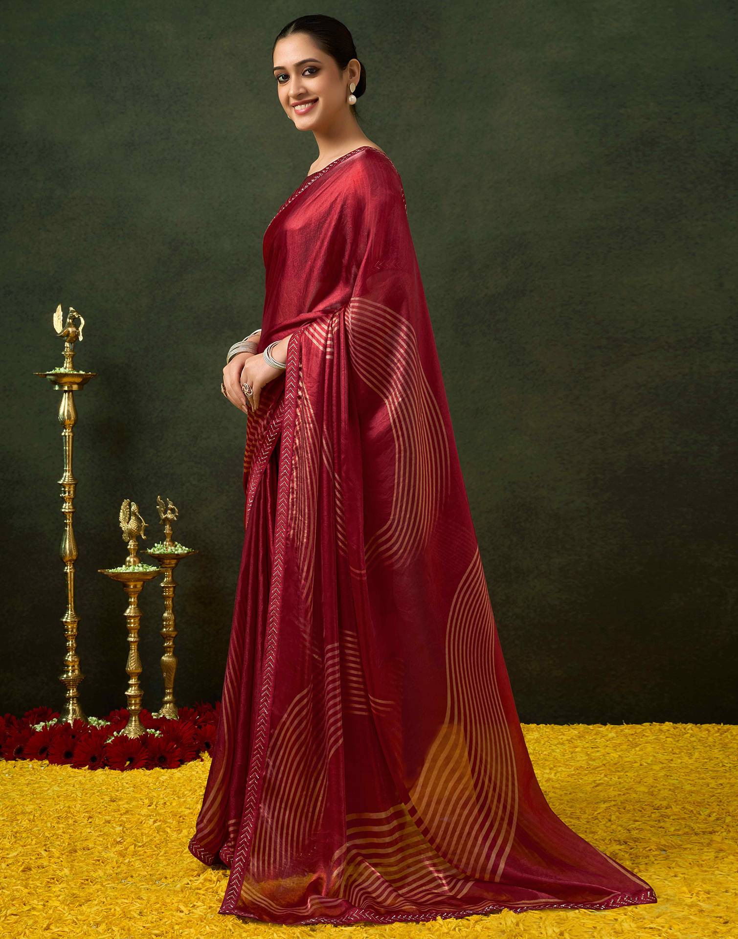 Maroon Organza Printed Swarovski Saree