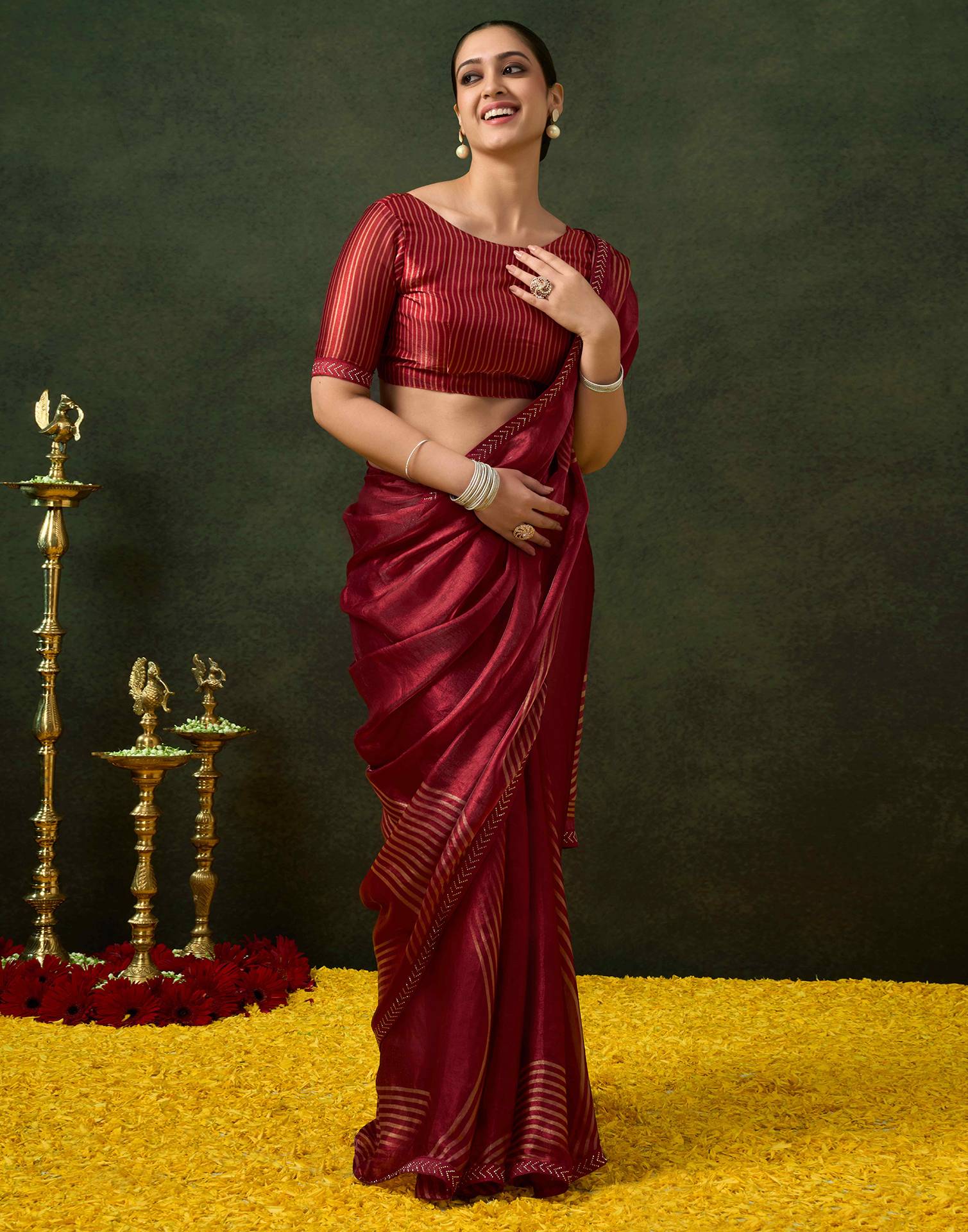 Maroon Organza Printed Swarovski Saree