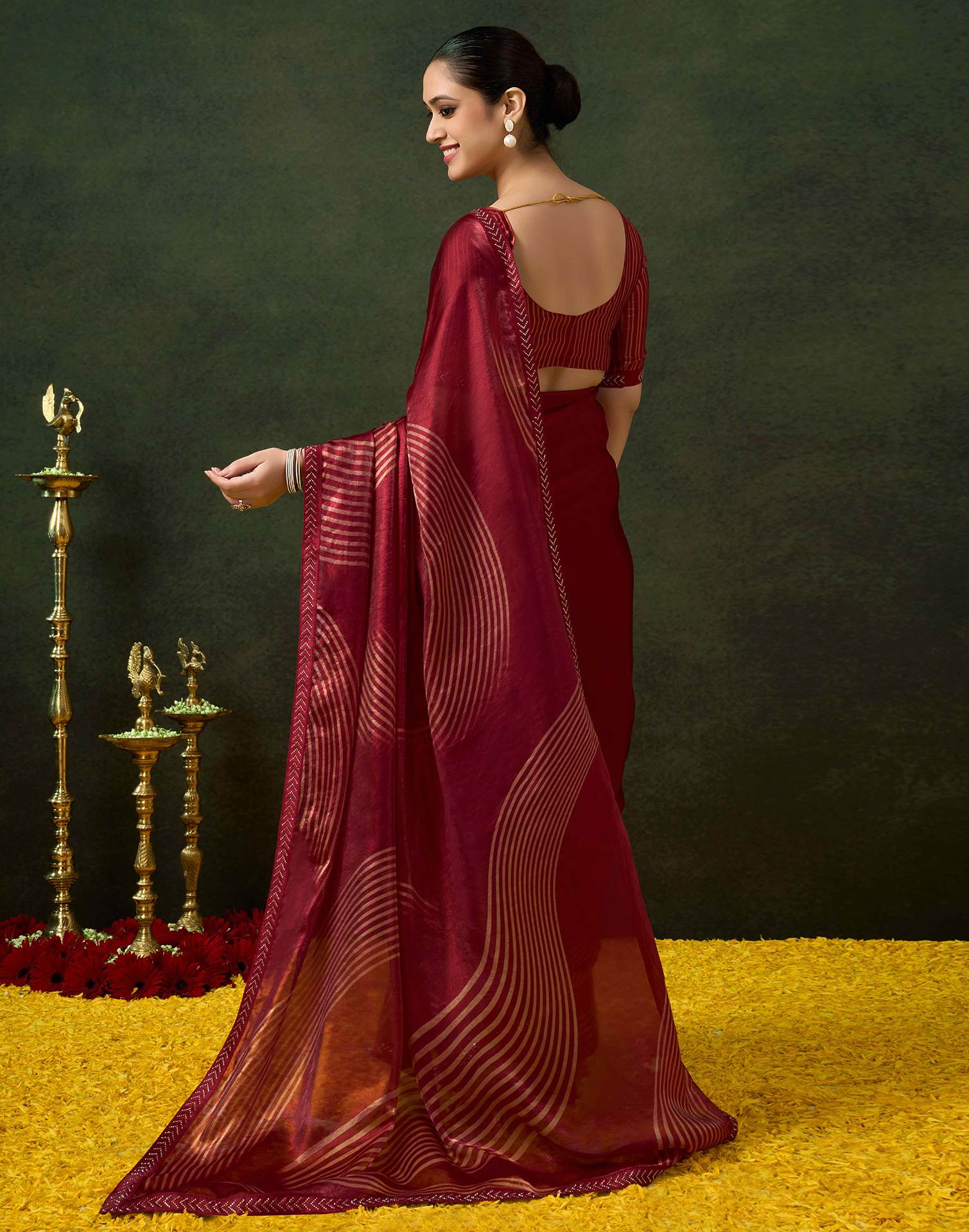 Maroon Organza Printed Swarovski Saree