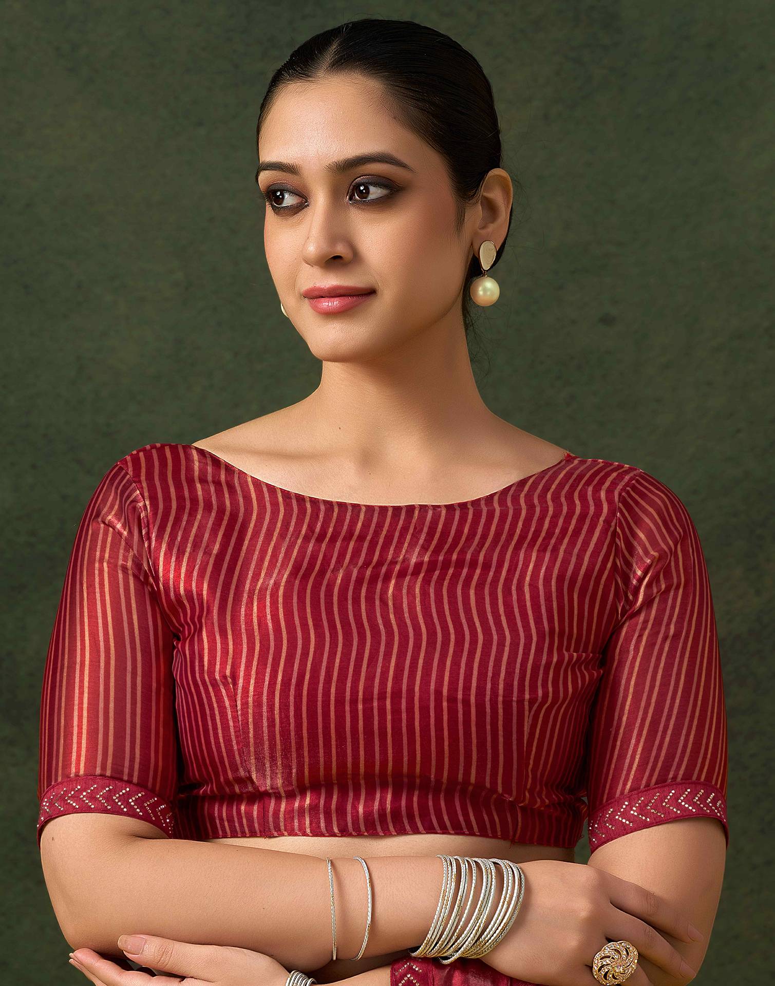 Maroon Organza Printed Swarovski Saree