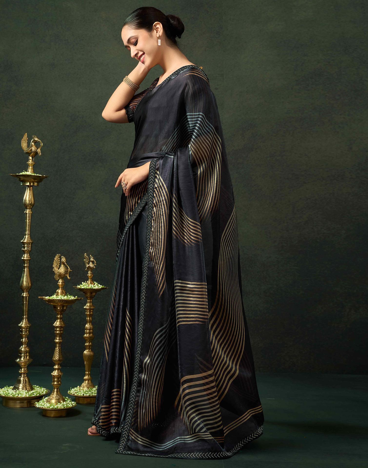 Black Organza Printed Swarovski Saree