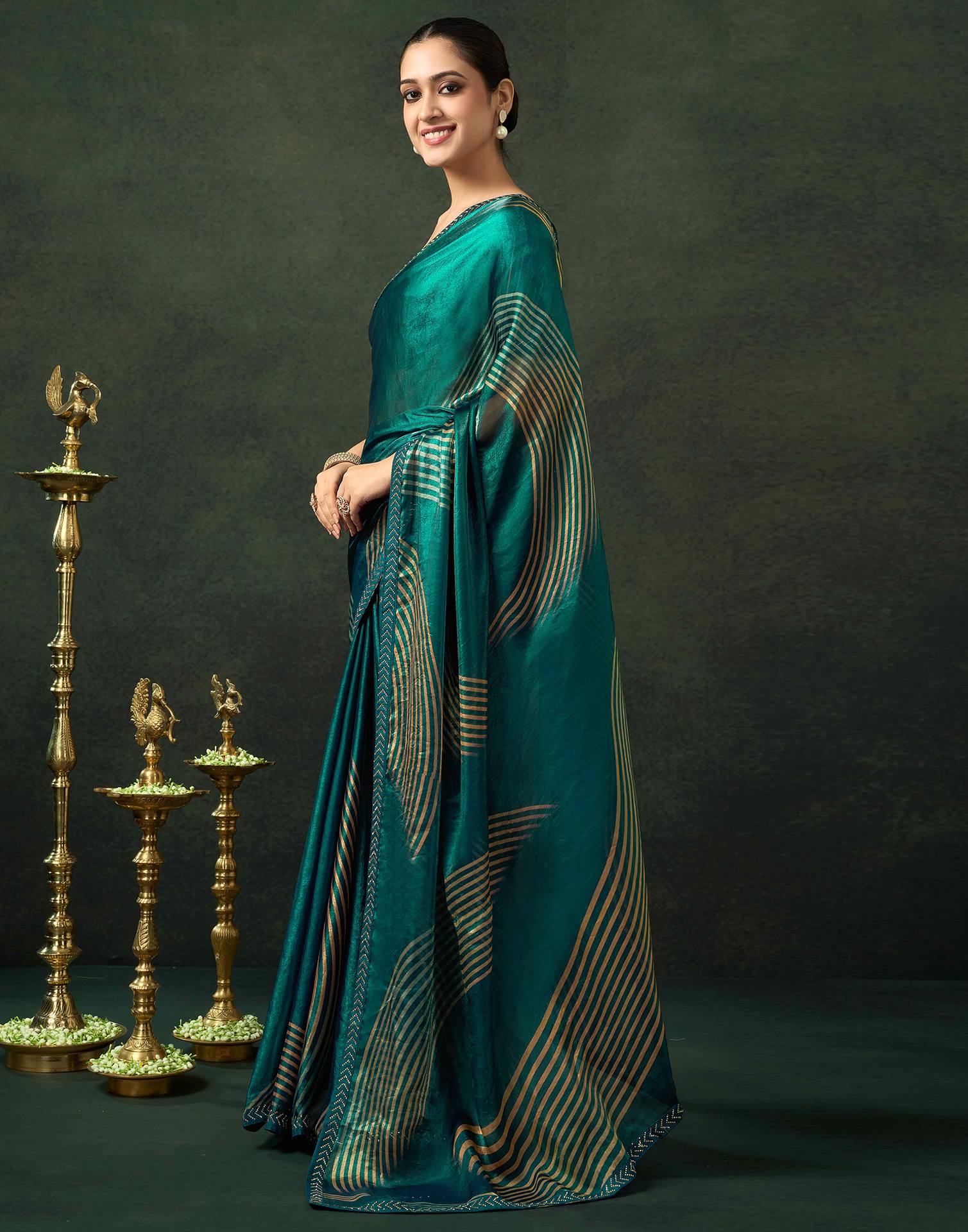 Rama Green Organza Printed Swarovski Saree