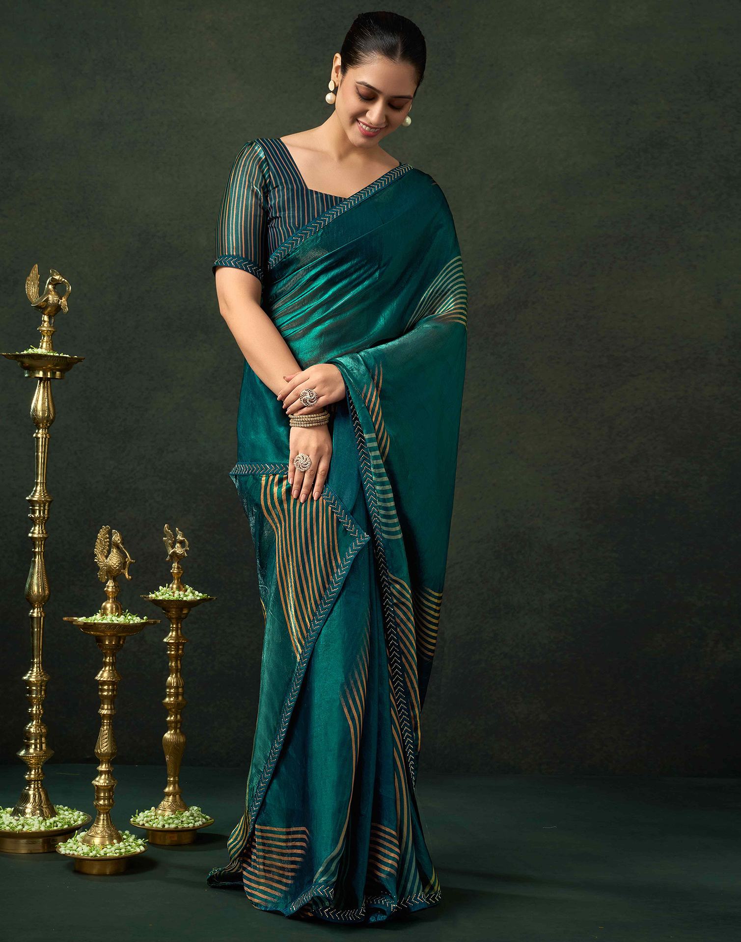Rama Green Organza Printed Swarovski Saree