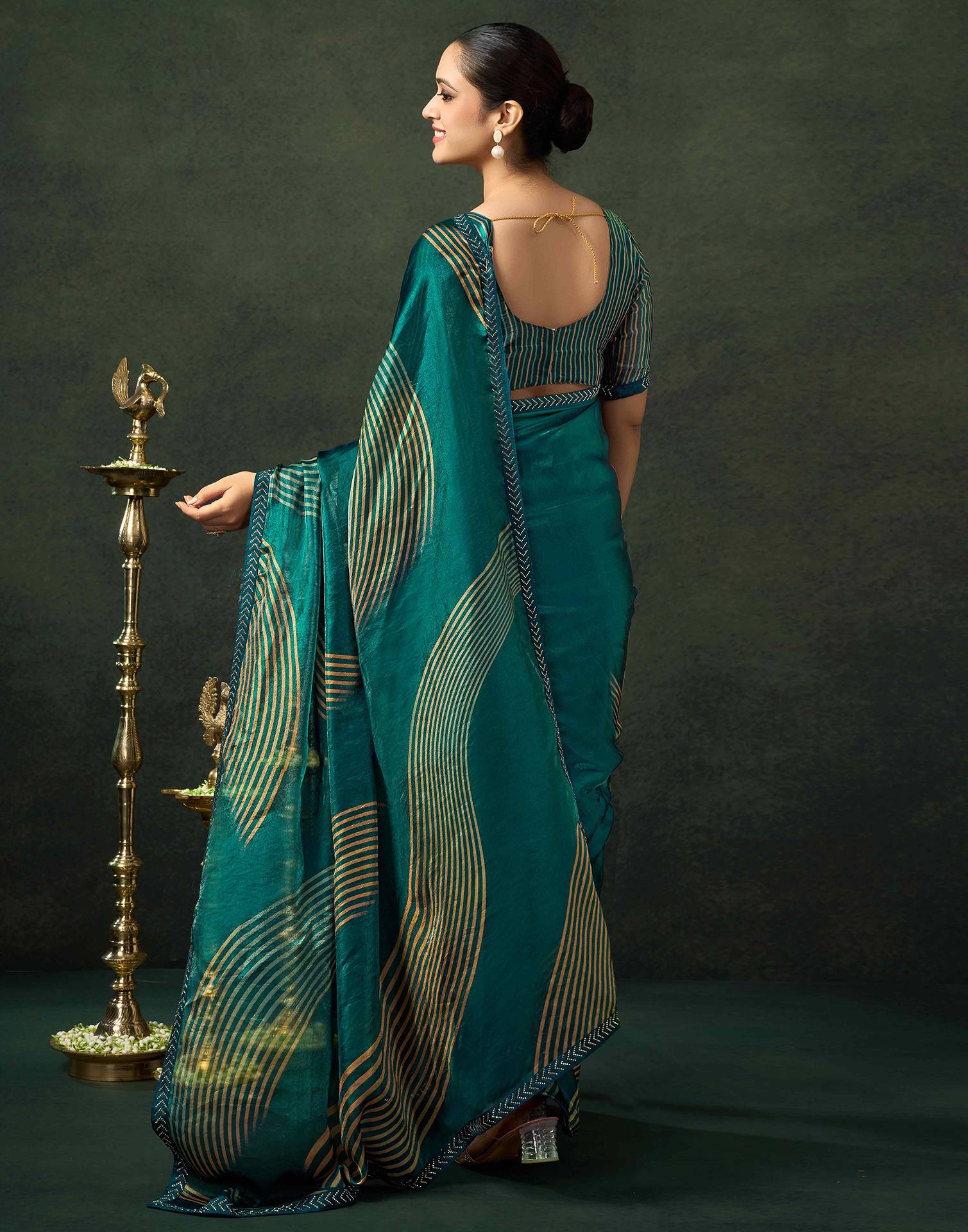 Rama Green Organza Printed Swarovski Saree