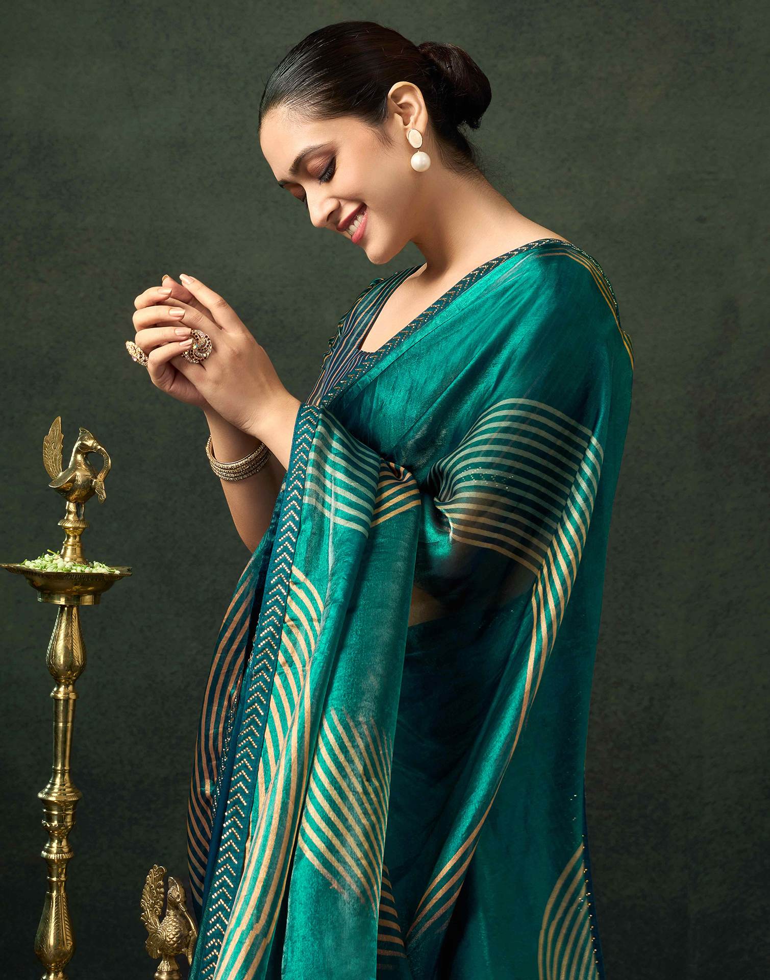 Rama Green Organza Printed Swarovski Saree