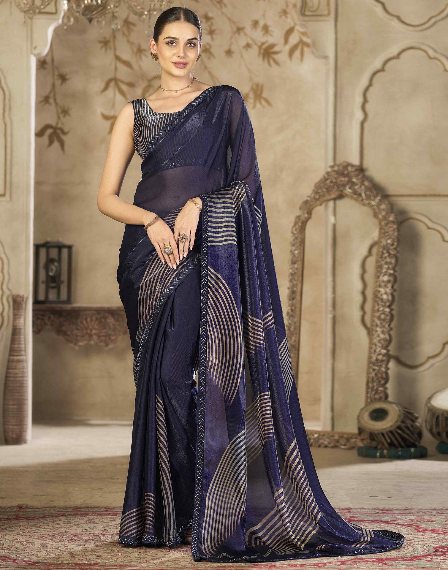 Navy Blue Organza Printed Swarovski Saree