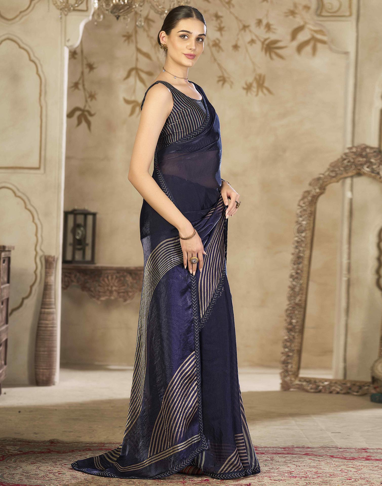 Navy Blue Organza Printed Swarovski Saree