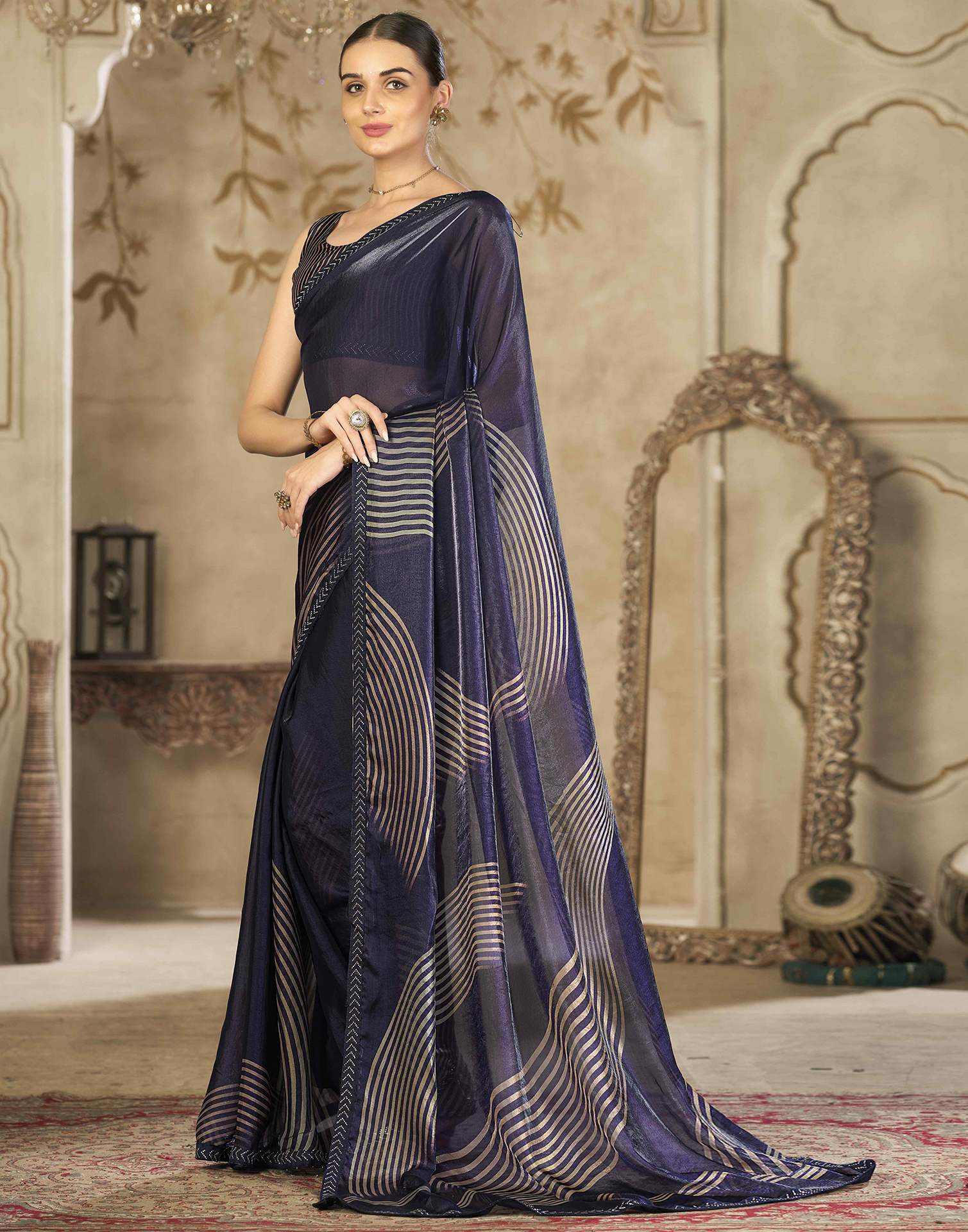 Navy Blue Organza Printed Swarovski Saree