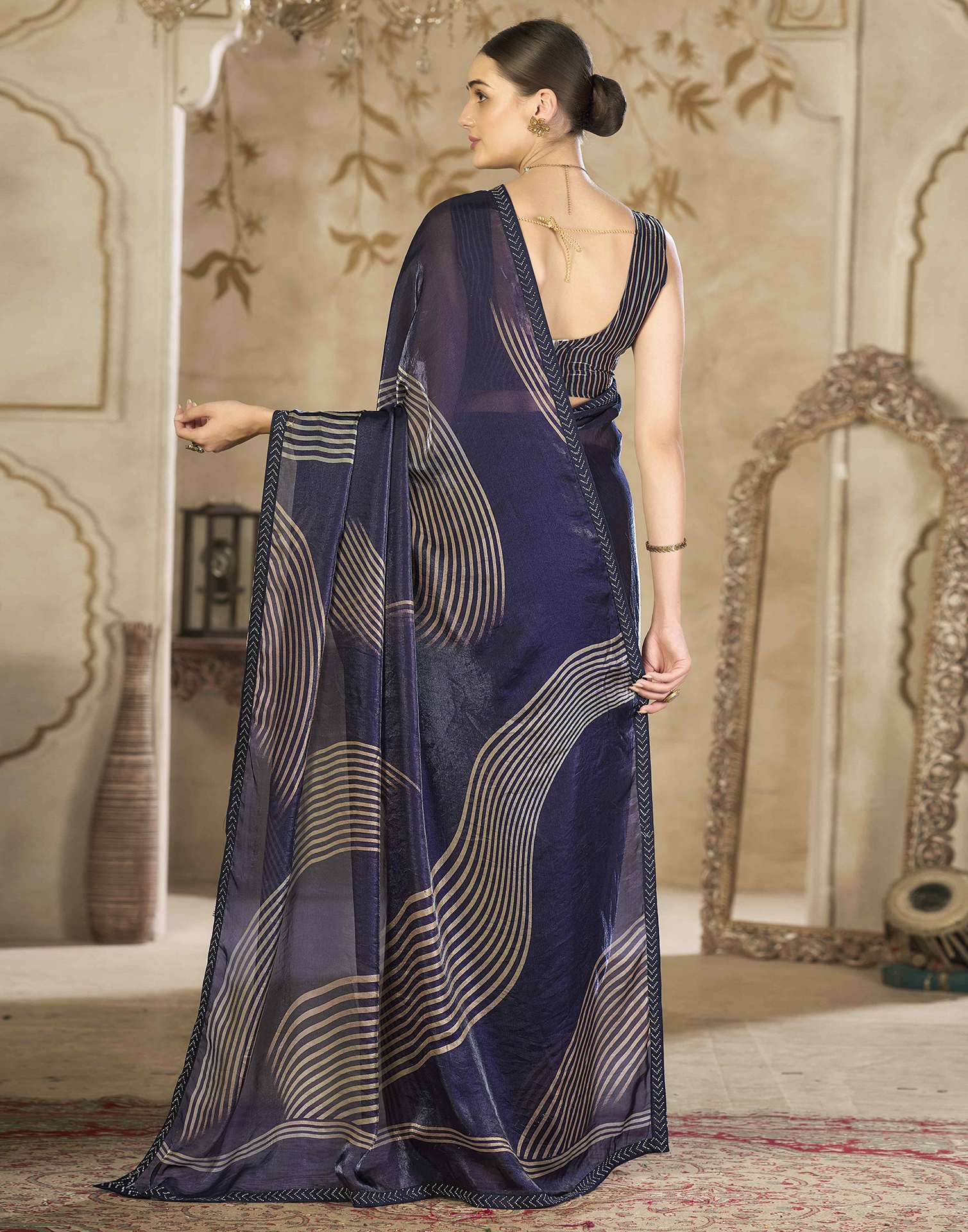 Navy Blue Organza Printed Swarovski Saree
