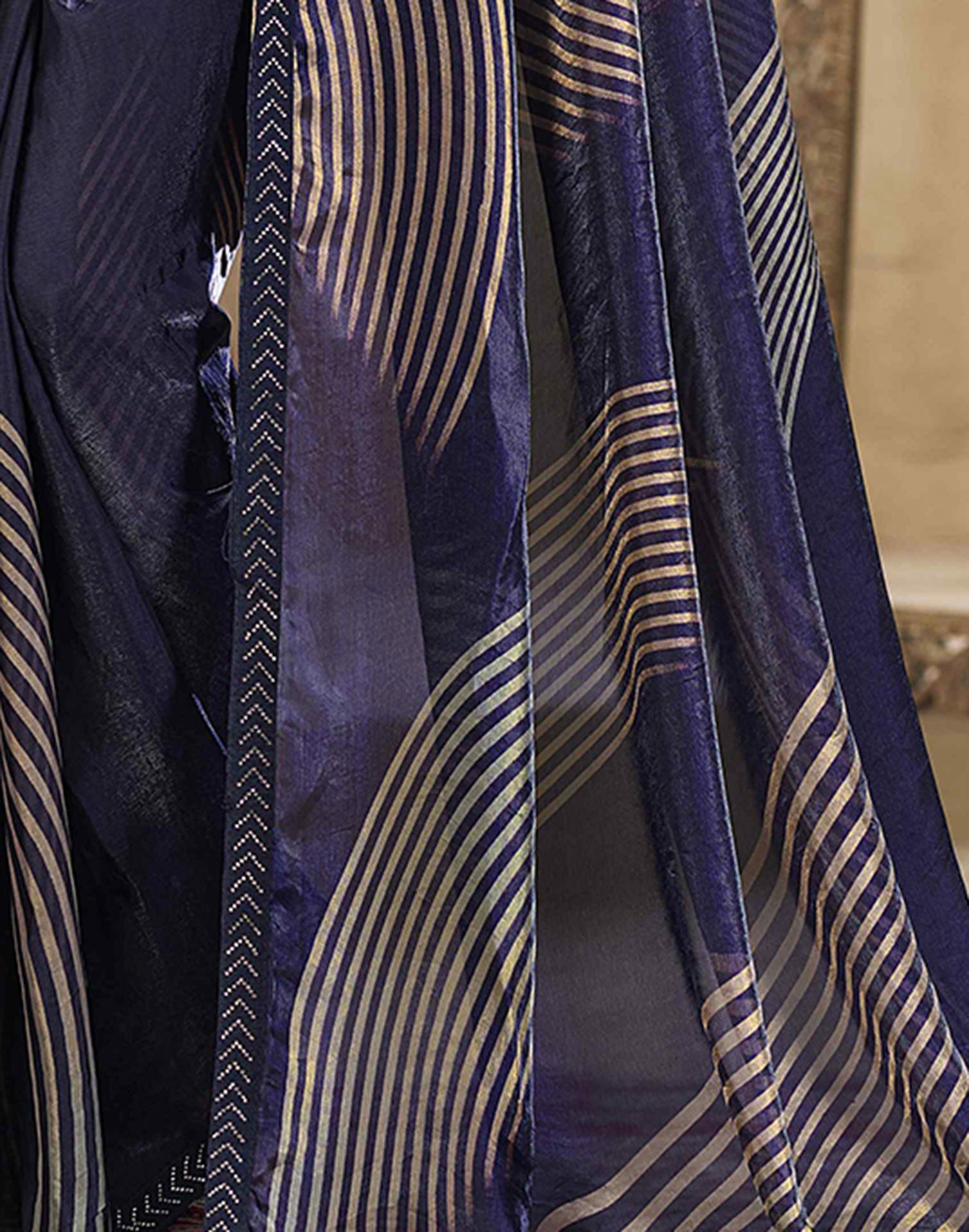 Navy Blue Organza Printed Swarovski Saree