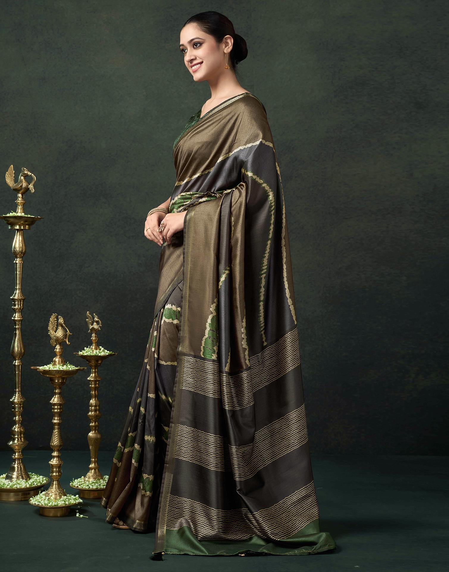 Khaki Silk Printed Saree
